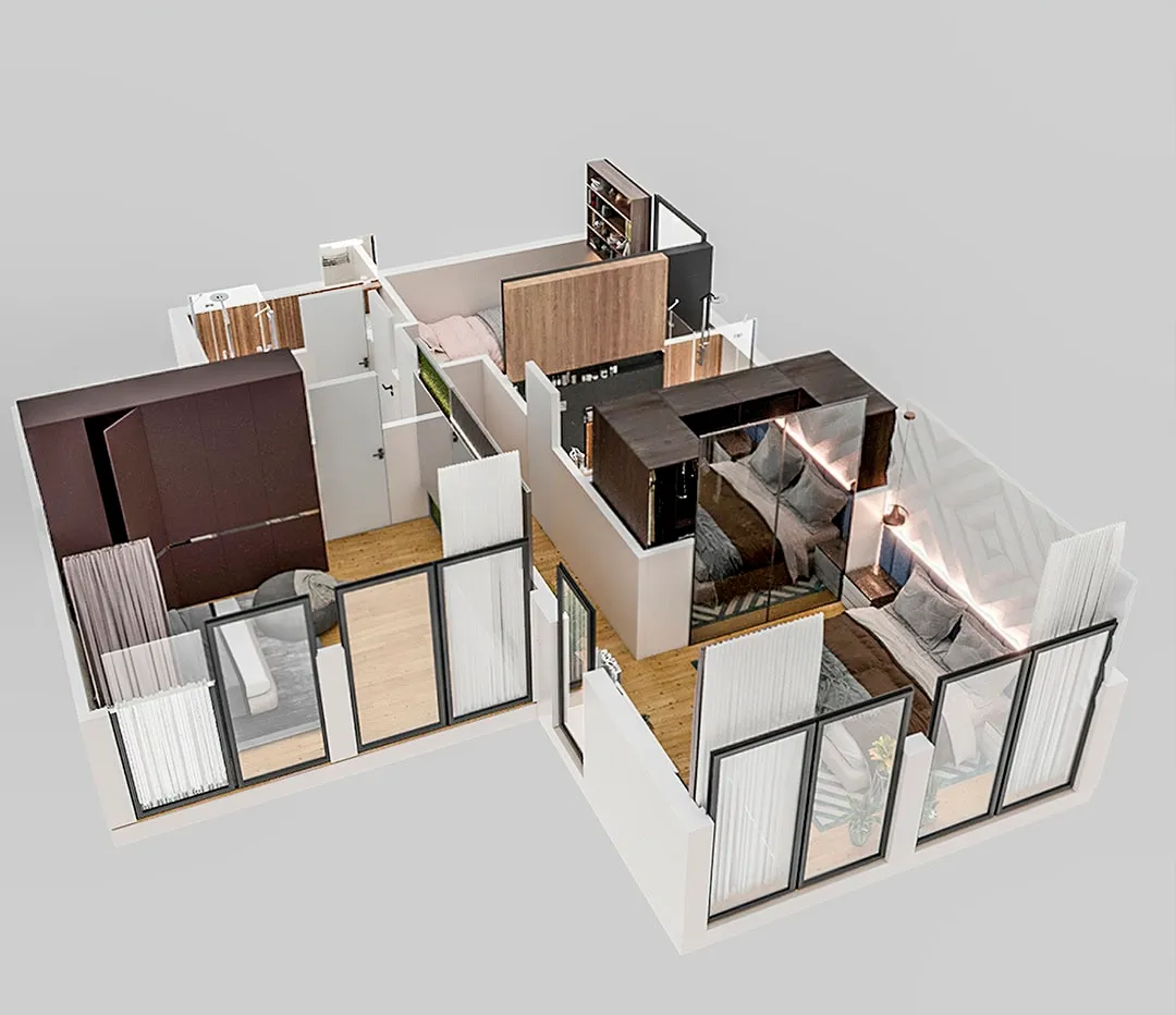 3D architectural floor plan showing a bedroom, walk-in closet, and lounge area with glass partitions and modern furniture.