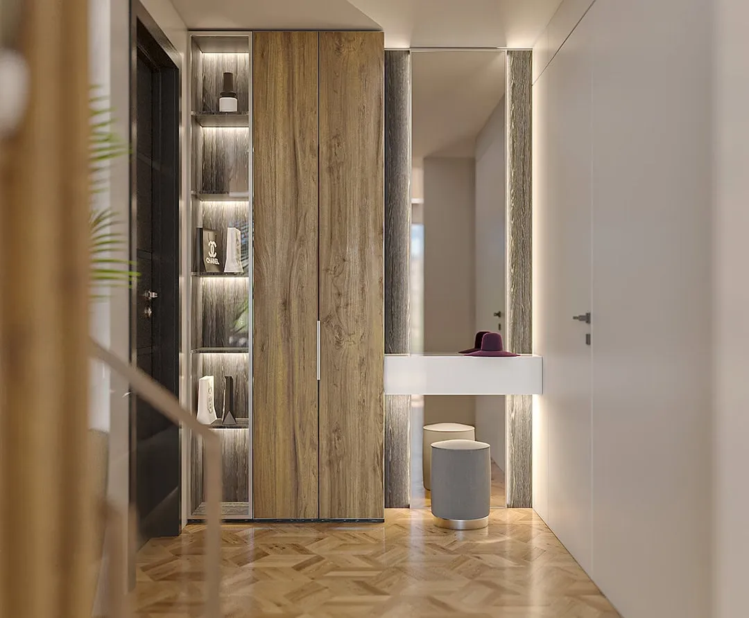 Modern hallway with wood wardrobe, open shelves, full-length mirror, stools, and herringbone parquet flooring.