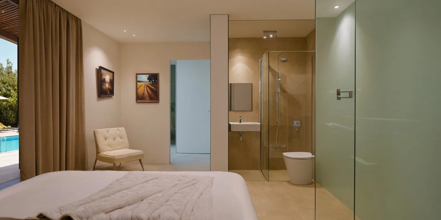 Modern bedroom with an open glass-walled bathroom and a view of the outdoor pool through curtains.