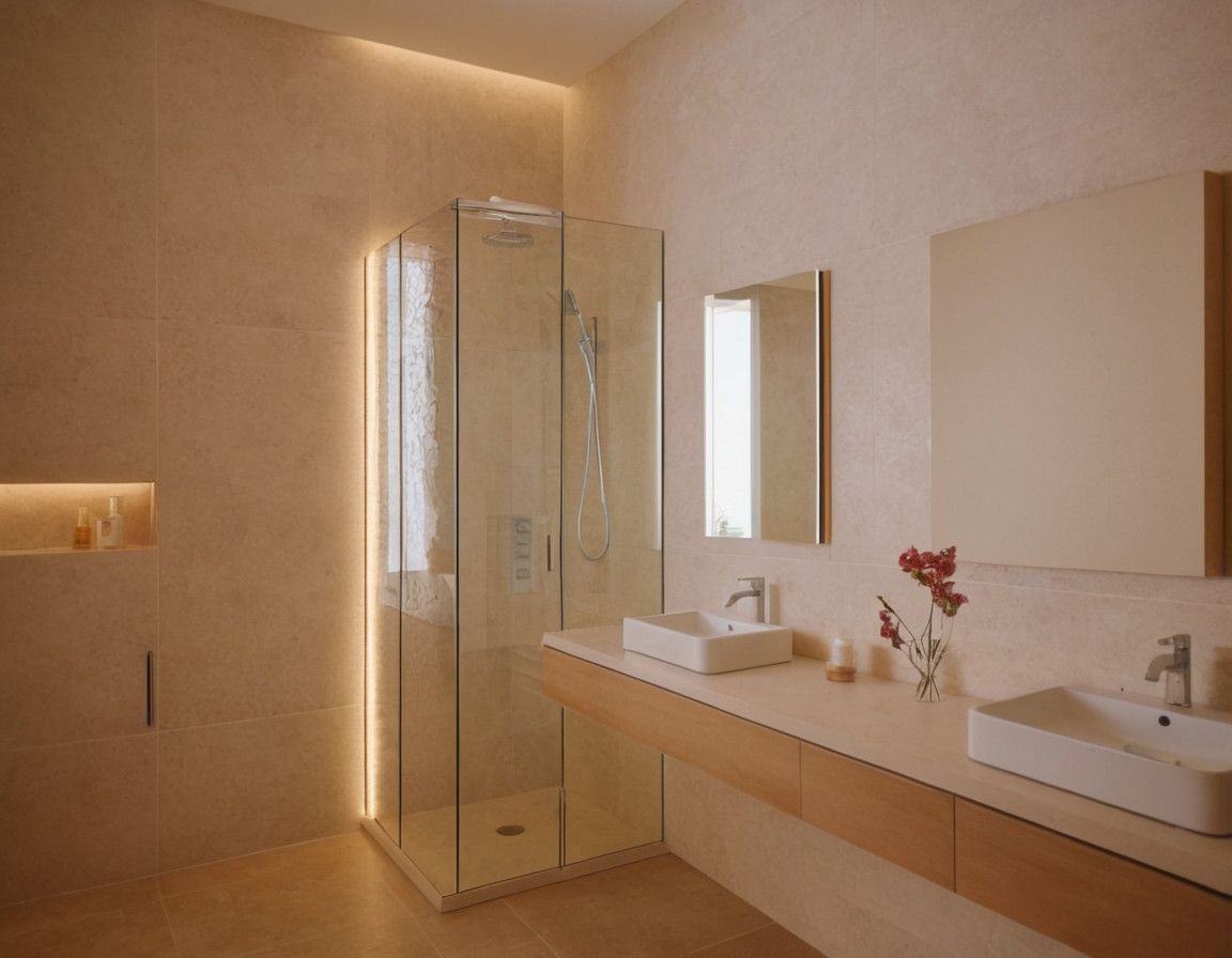 Modern bathroom in a townhouse, Blizikuće, Montenegro: walk-in shower, double vanity, and stylish lighting.