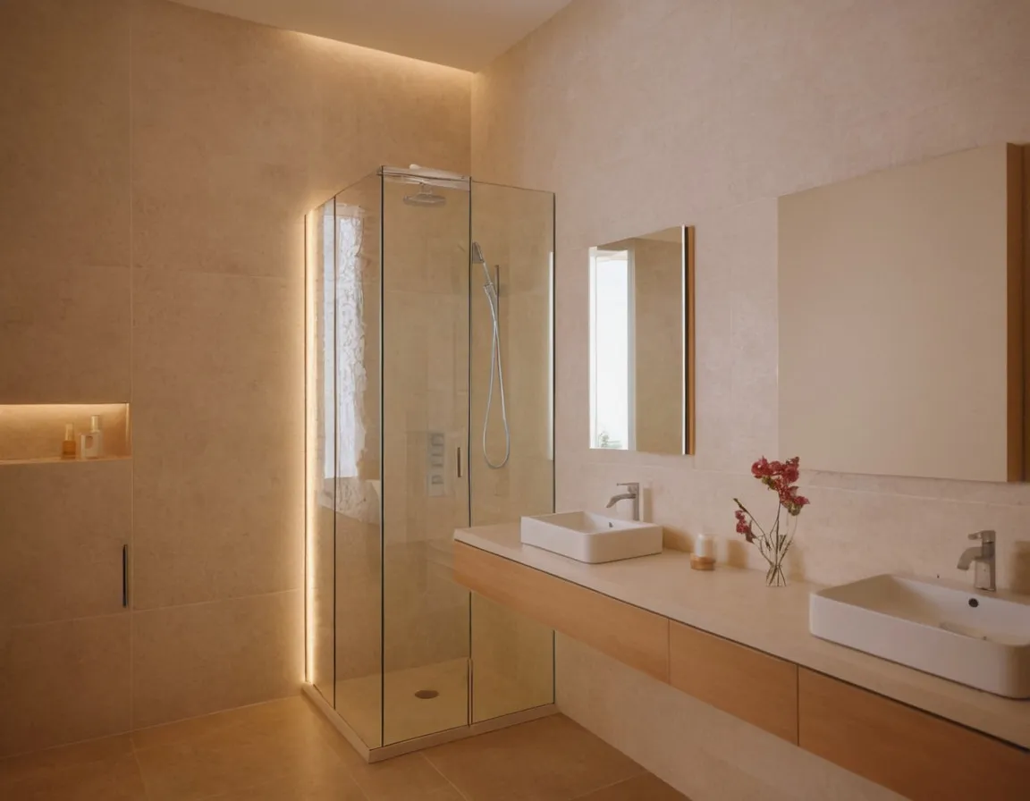 Modern bathroom featuring a glass shower enclosure and double vessel sinks on a floating wooden vanity.