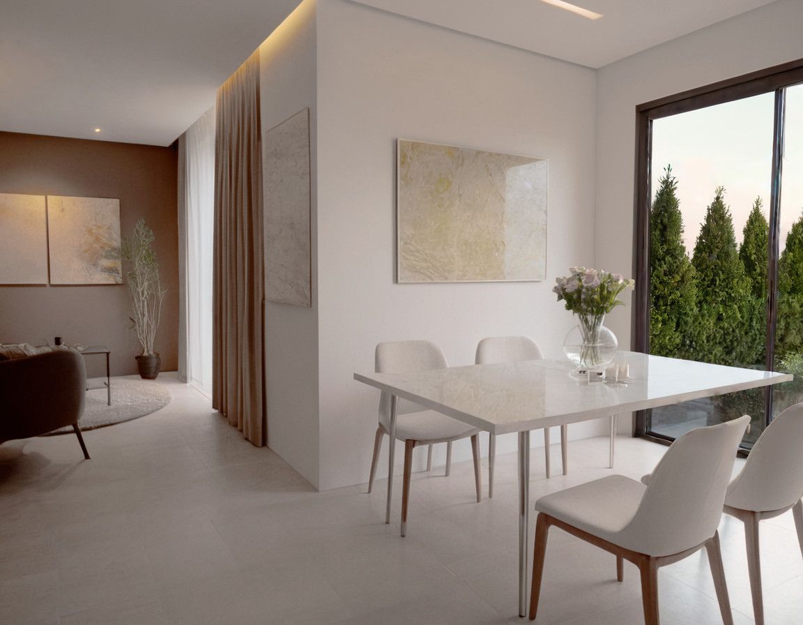 Modern living room in a townhouse, Blizikuće, Montenegro: dining area, light-colored furniture, and panoramic garden view.