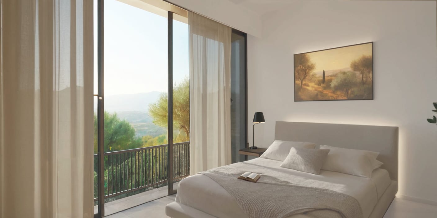 Modern bedroom in a townhouse, Blizikuće, Montenegro: panoramic windows, mountain view, light-colored furniture and decor.