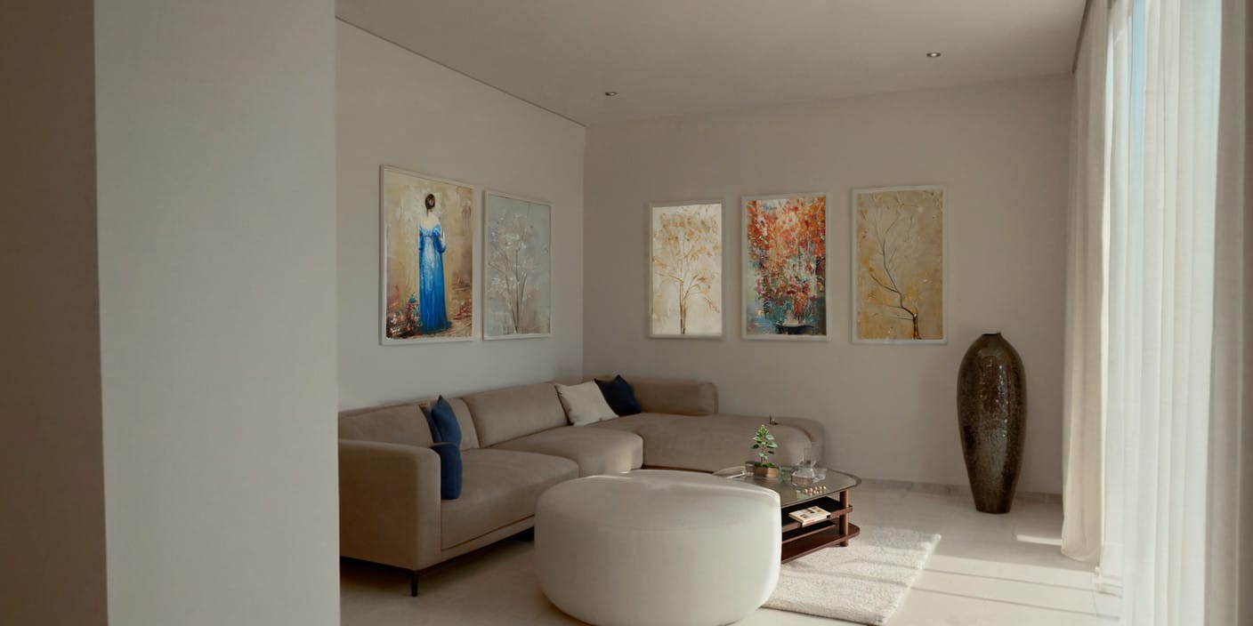 Modern living room with a beige sofa and paintings in a townhouse, Blizikuce, Montenegro: stylish interior with decor.