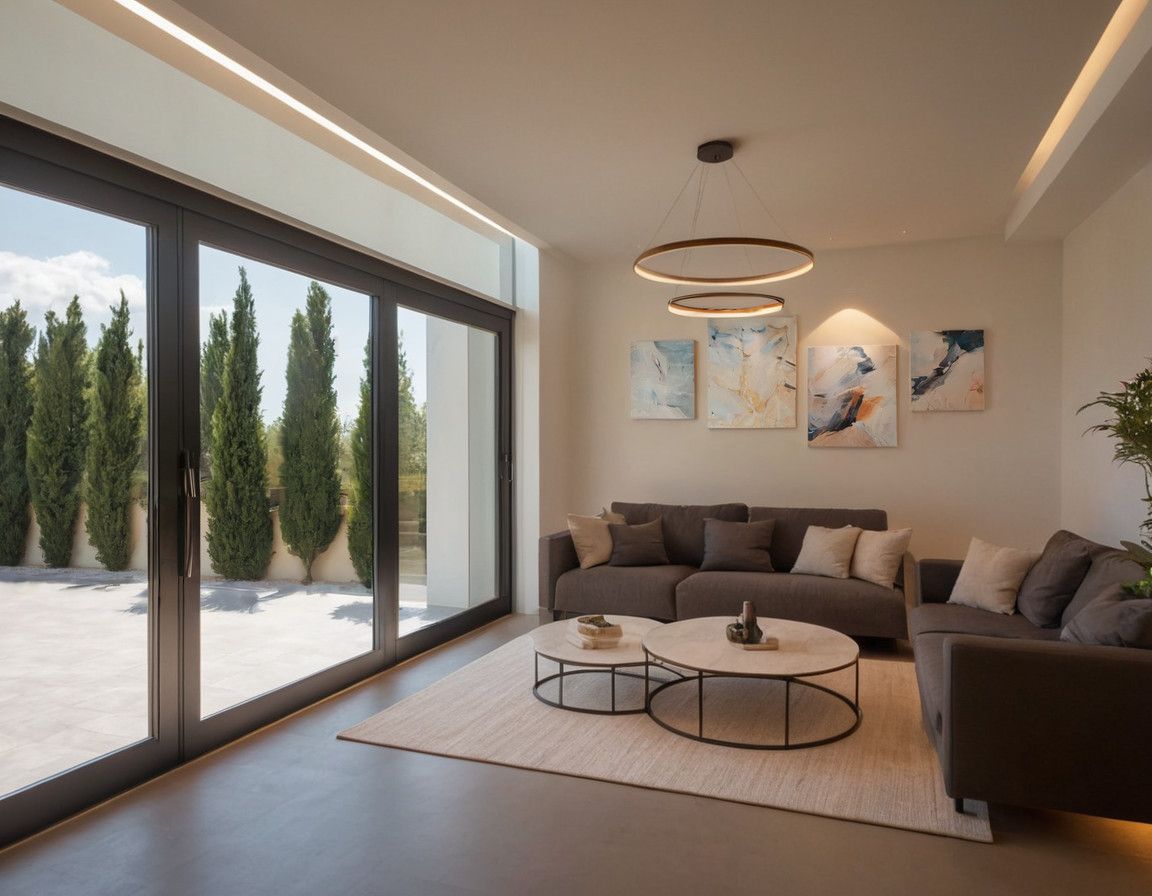 Modern living room in a townhouse, Blizikuće, Montenegro: panoramic windows, terrace with cypress trees, and stylish furniture.