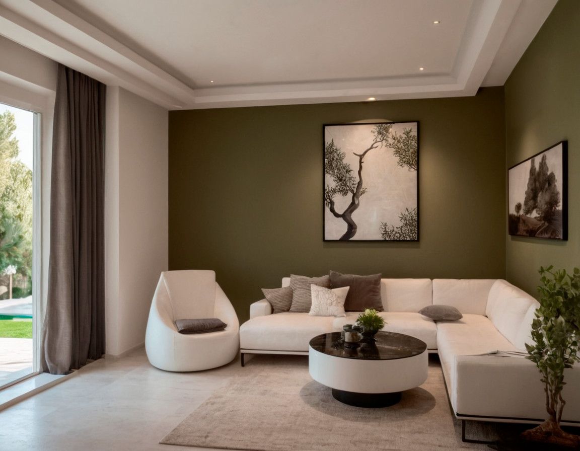 Modern living room in a townhouse, Blizikuće, Montenegro: white corner sofa, round coffee table, and garden view.