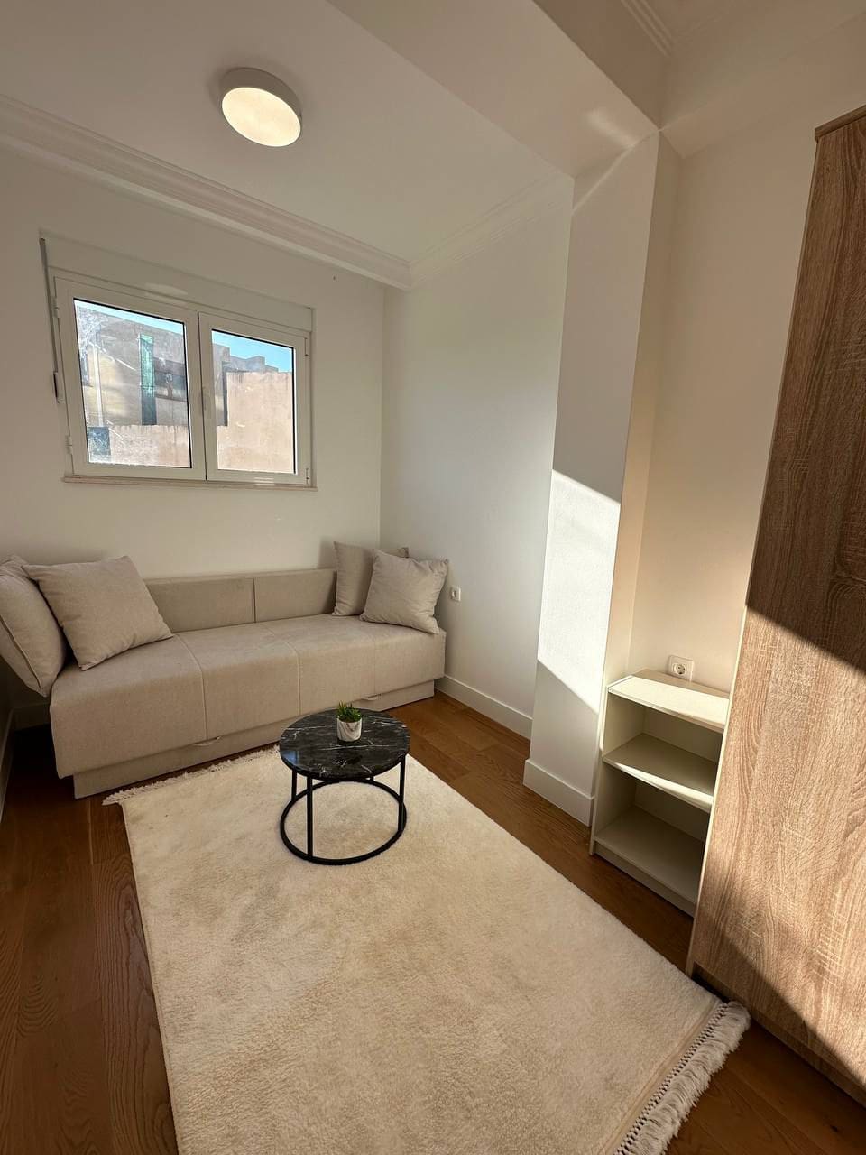 Bright living room in an apartment in Tivat, Montenegro: beige sofa, round coffee table, and cabinet in the interior.