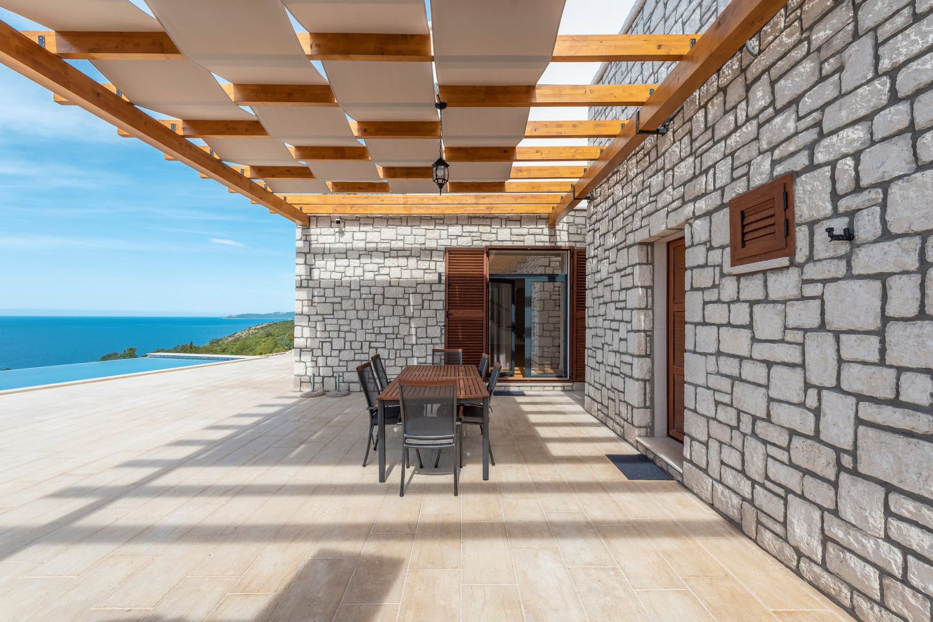 Terrace of a stone house in Reževići, Montenegro: dining area under a canopy, sea view, and panoramic pool.