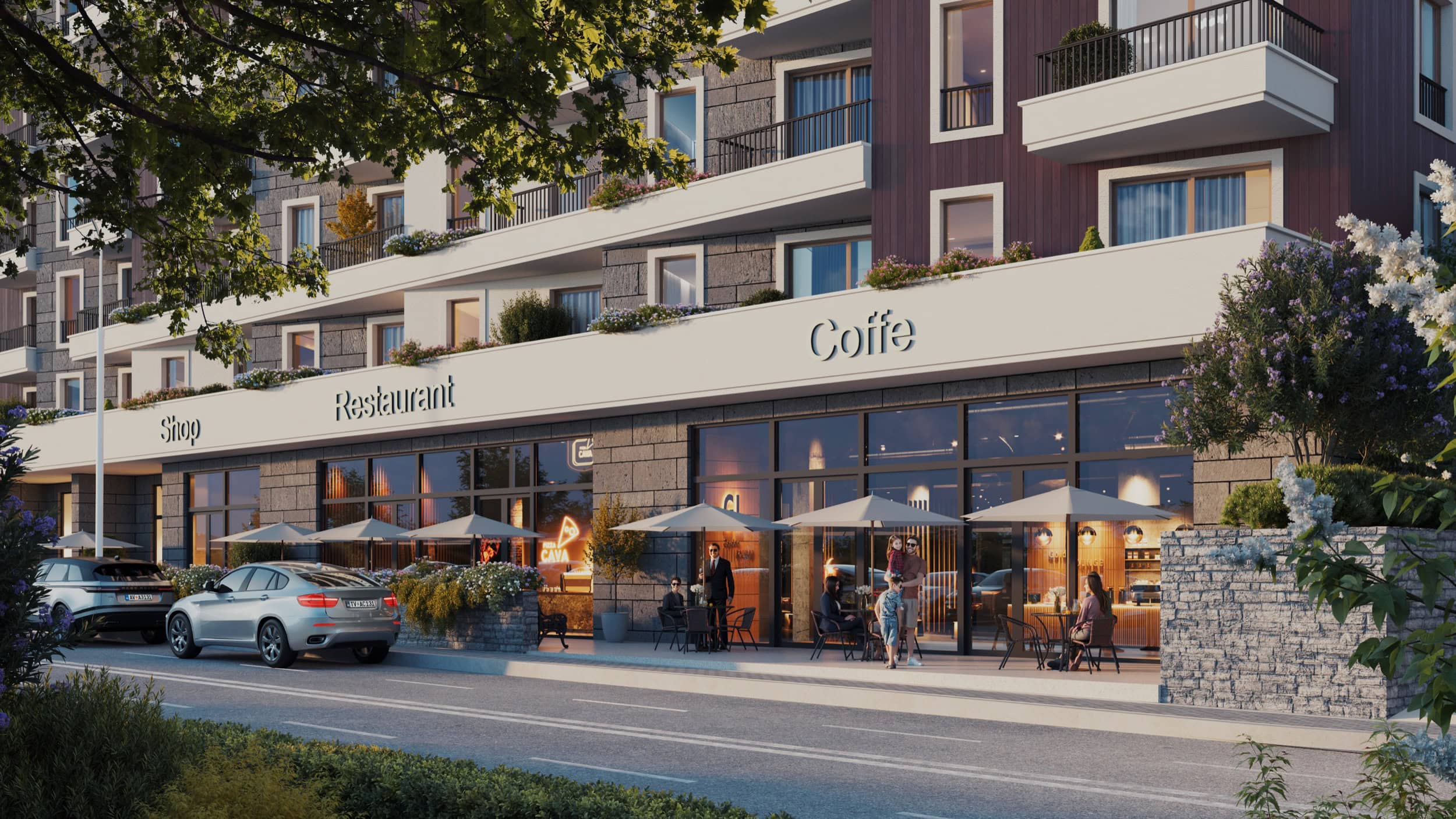 Modern residential complex in Bečići, Montenegro: facade with a restaurant, coffee shop, and terrace on the ground floor.
