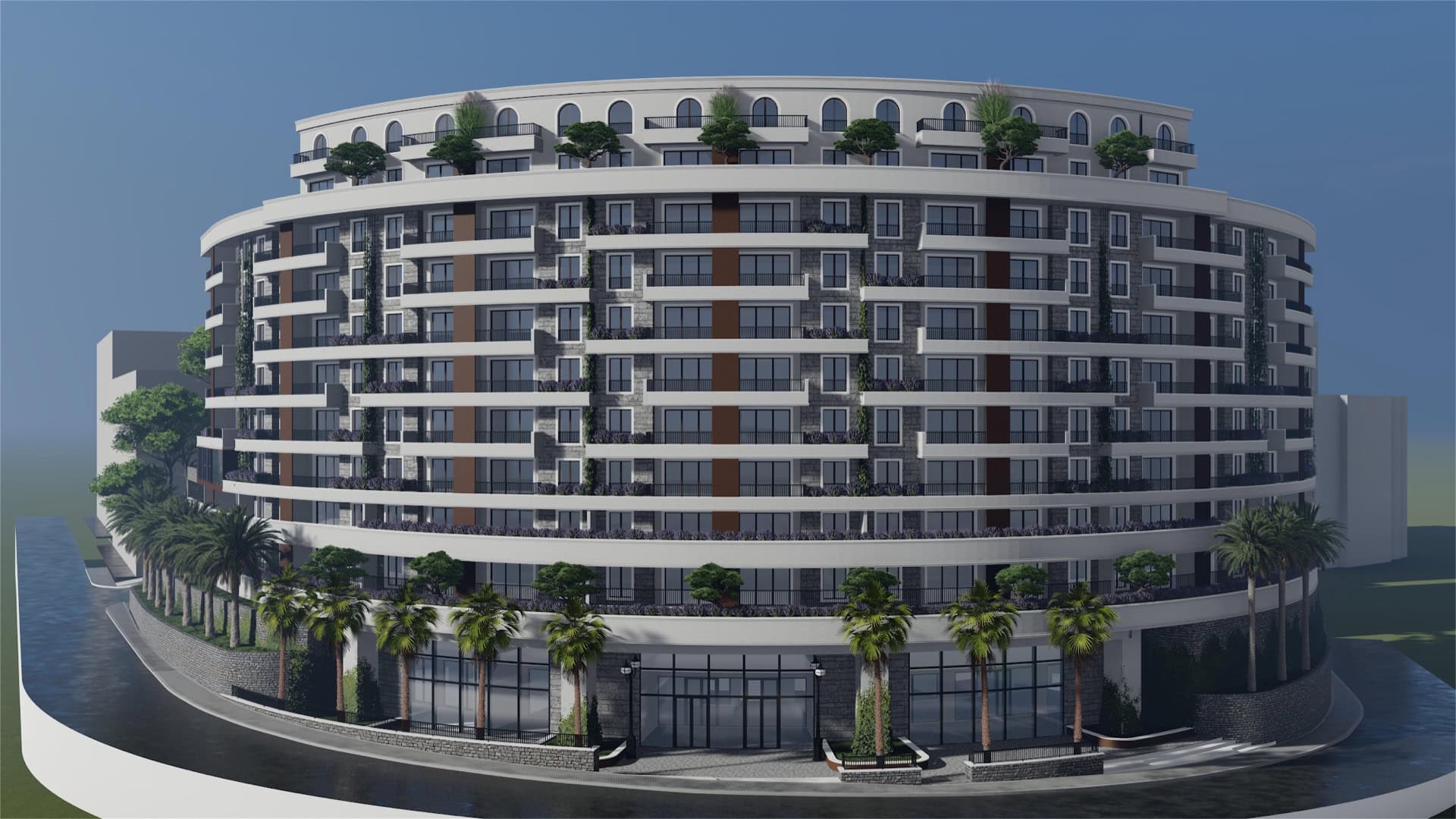 Modern residential complex in Bečići, Montenegro: building facade with terraces, panoramic windows, and palm trees at the entrance.