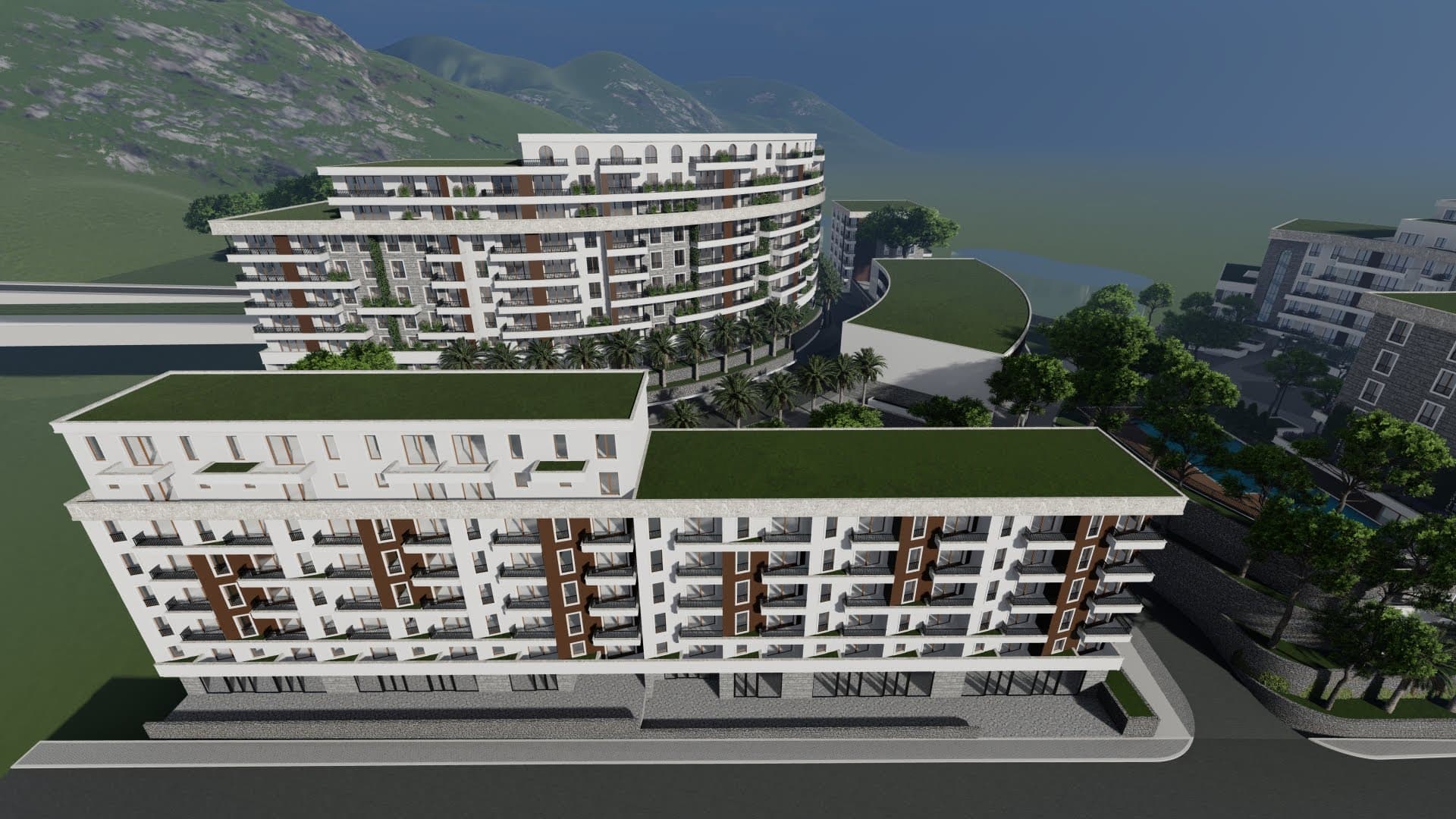 3D visualization of a modern residential complex with green roofs and terraces in Bečići, Montenegro.