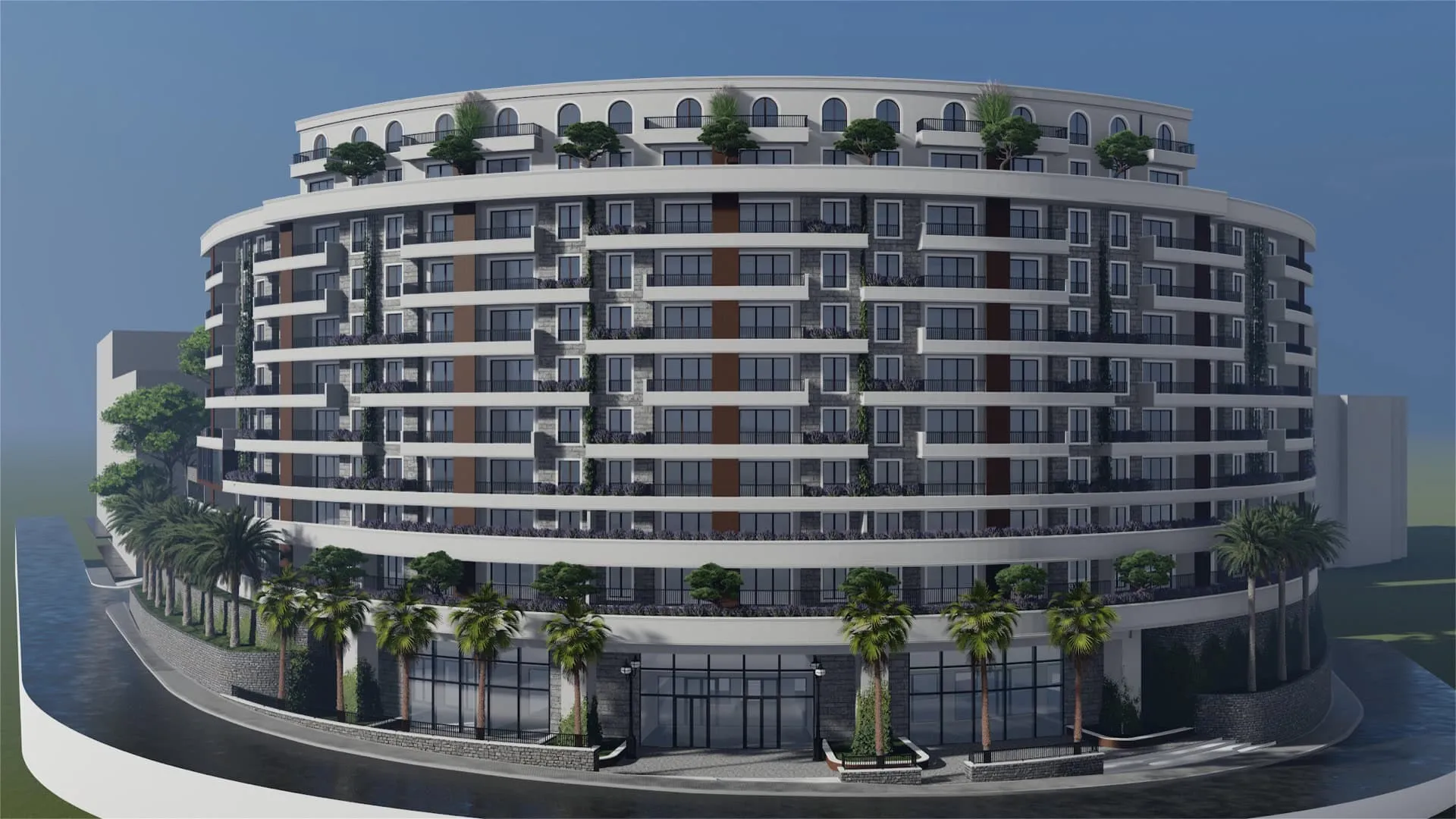 Exterior view of a curved multi-story residential building with balconies and surrounding palm trees.