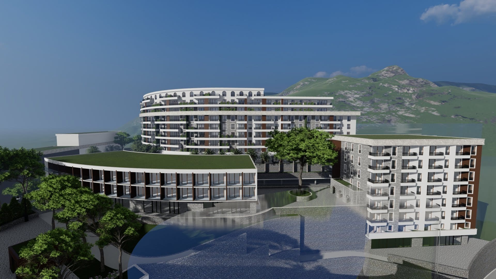 3D visualization of a modern residential complex in Bečići, Montenegro: multi-story buildings with terraces and mountain views.