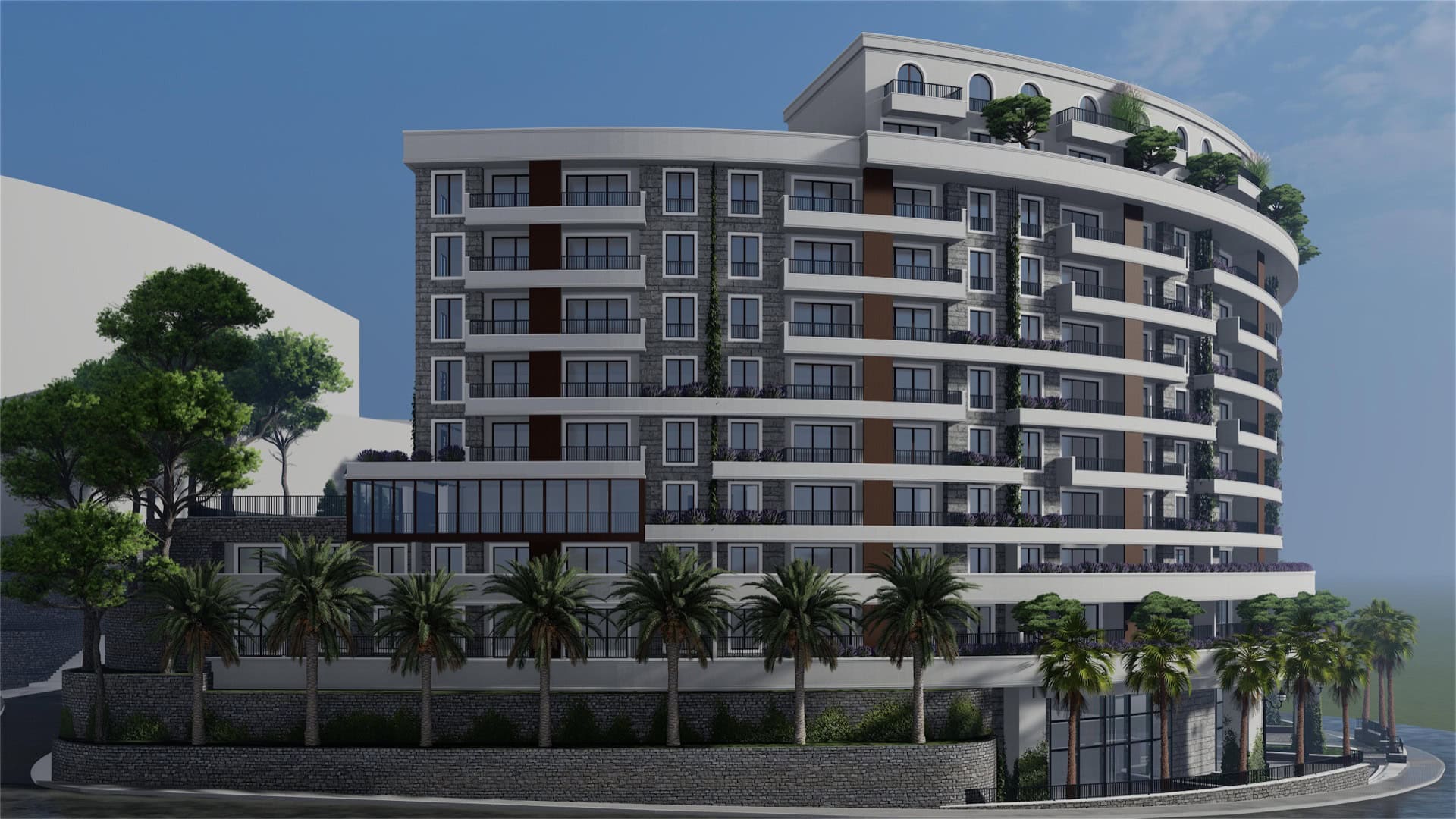 Modern residential complex with terraces and palm trees in Bečići, Montenegro — view of the building facade with stone cladding.
