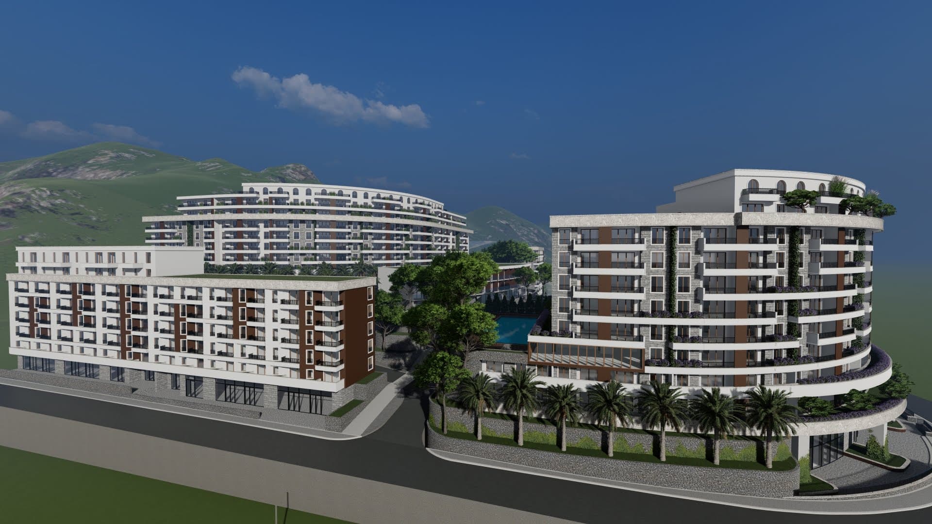 Visualization of a modern residential complex in Bečići, Montenegro: multi-story buildings with terraces and a swimming pool.