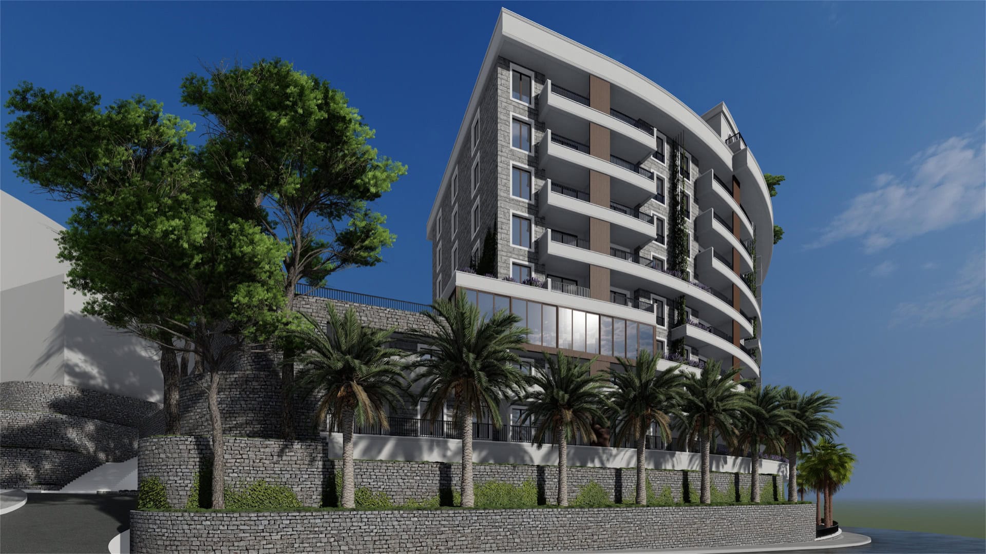 Modern residential complex in Bečići, Montenegro: facade with panoramic balconies, stone cladding, and palm trees.