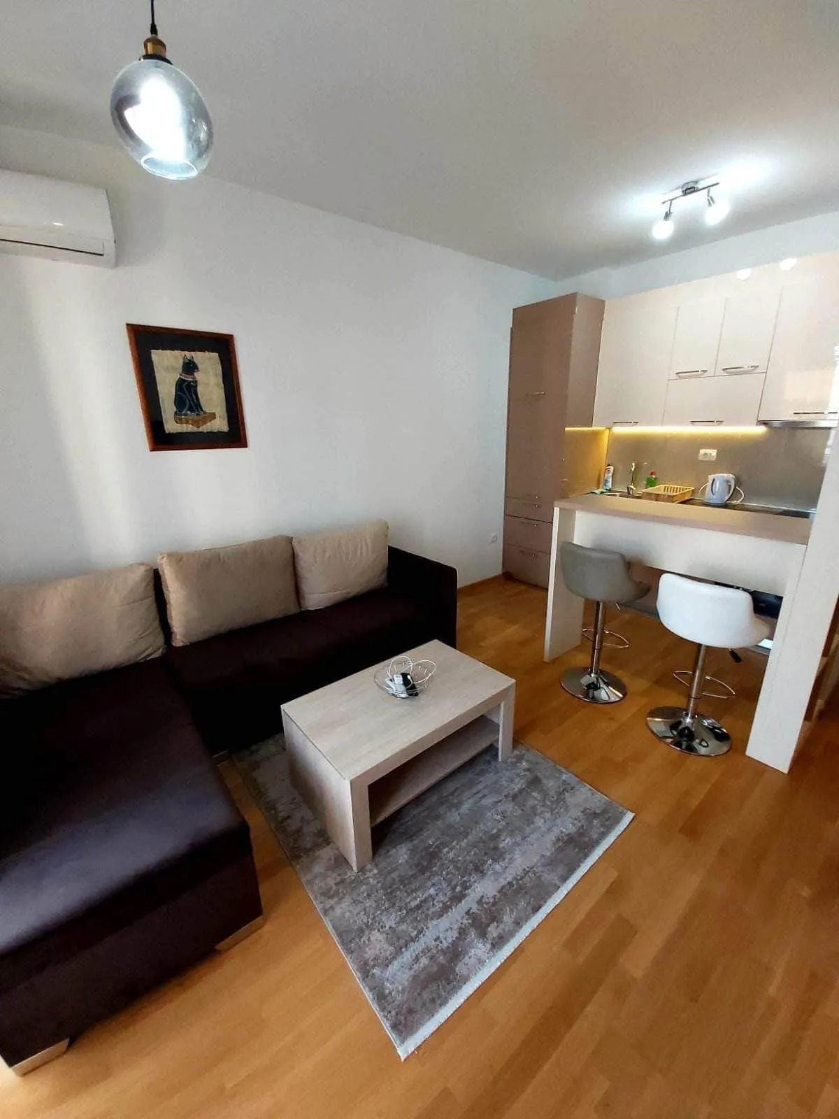 Living room with a dark sectional sofa, coffee table, and an open kitchen area featuring a breakfast bar.