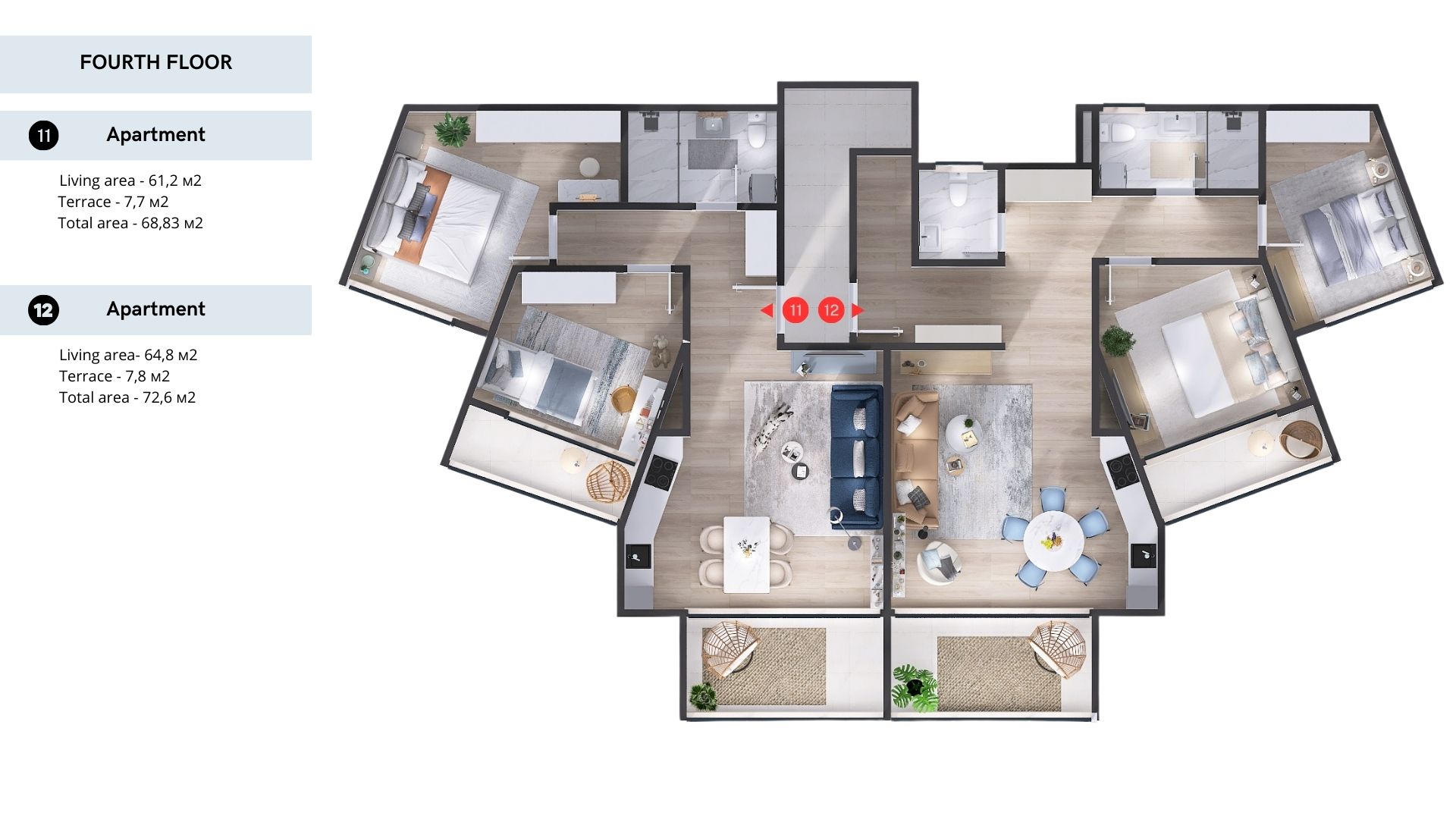 Floor plans of apartments 11 and 12 on the fourth floor of a residential complex in Tivat, Montenegro: interior design and terraces.