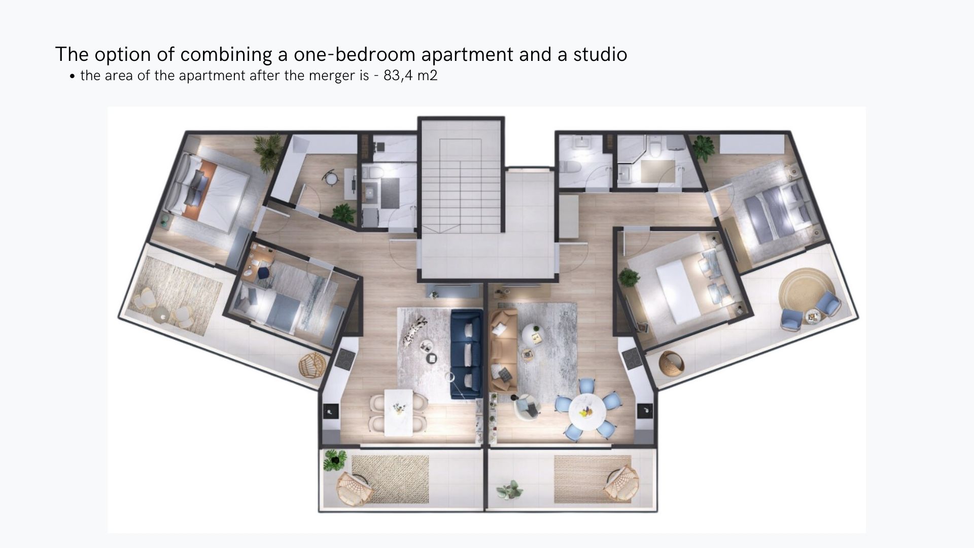 Layout of the combined 83.4 m² apartment in a residential complex in Tivat, Montenegro: two bedrooms, a living room, and terraces.