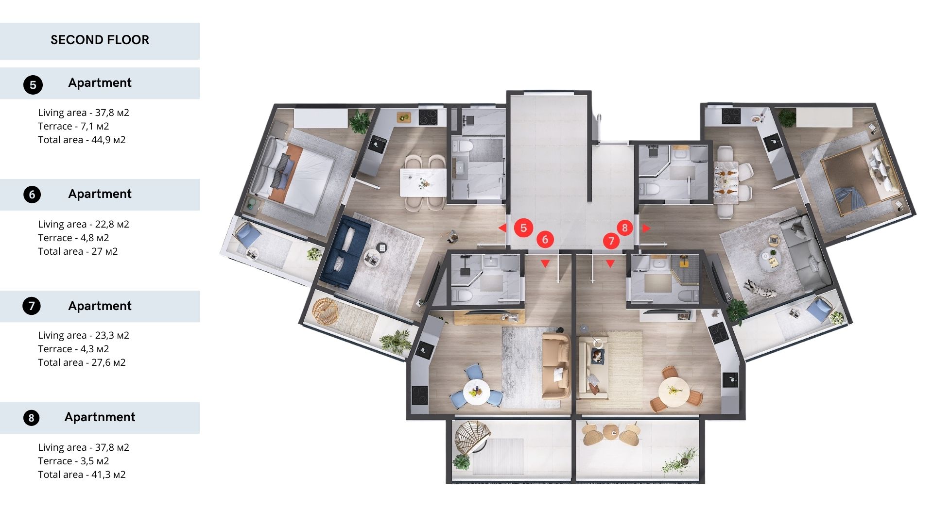 Second-floor layout of a residential complex in Tivat, Montenegro: 4 apartments with terraces, furniture, and finished interior.