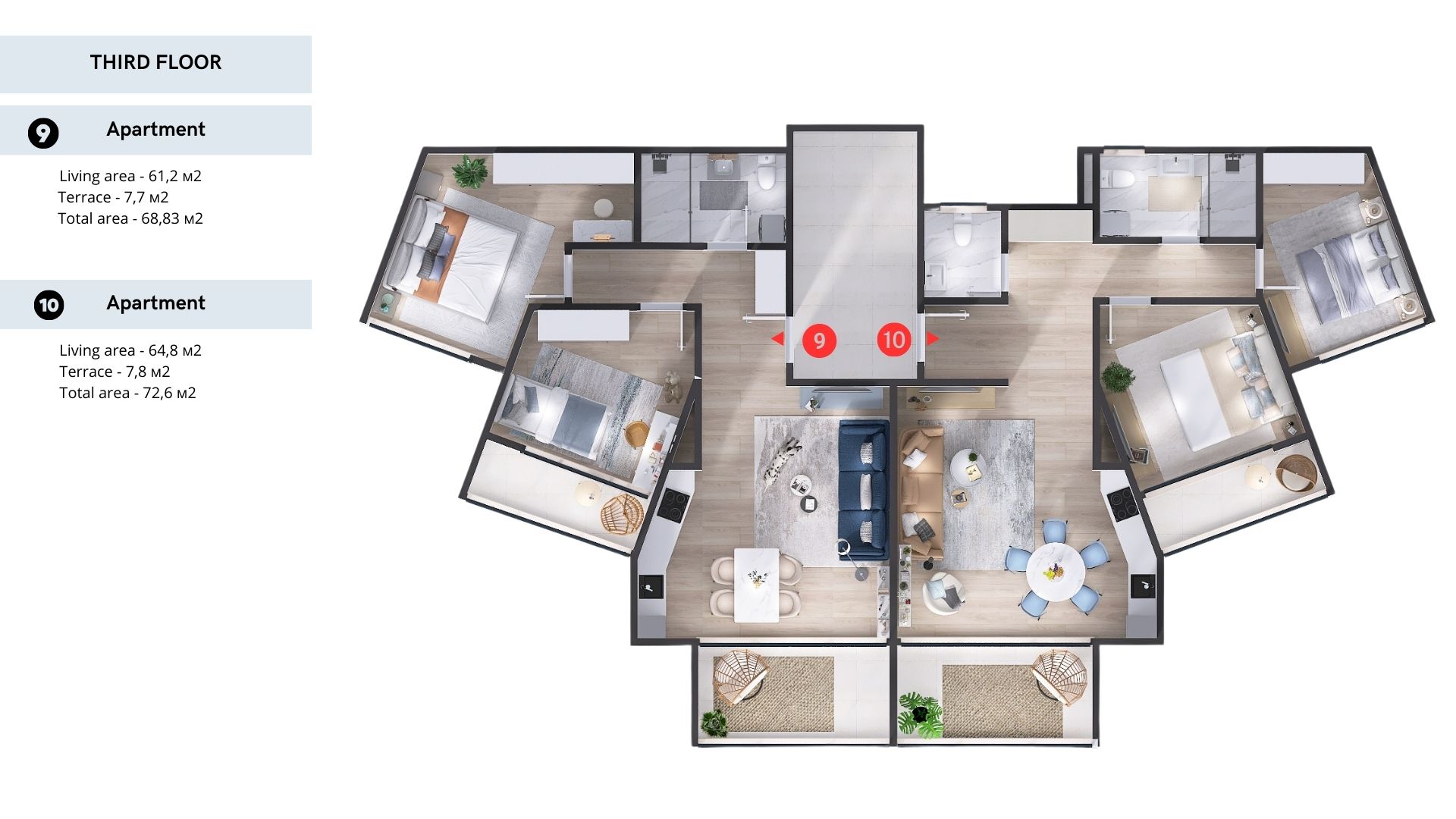 Layout of 61–72 m² apartments with terraces in a residential complex, Tivat, Montenegro: top view with furniture and finishes.