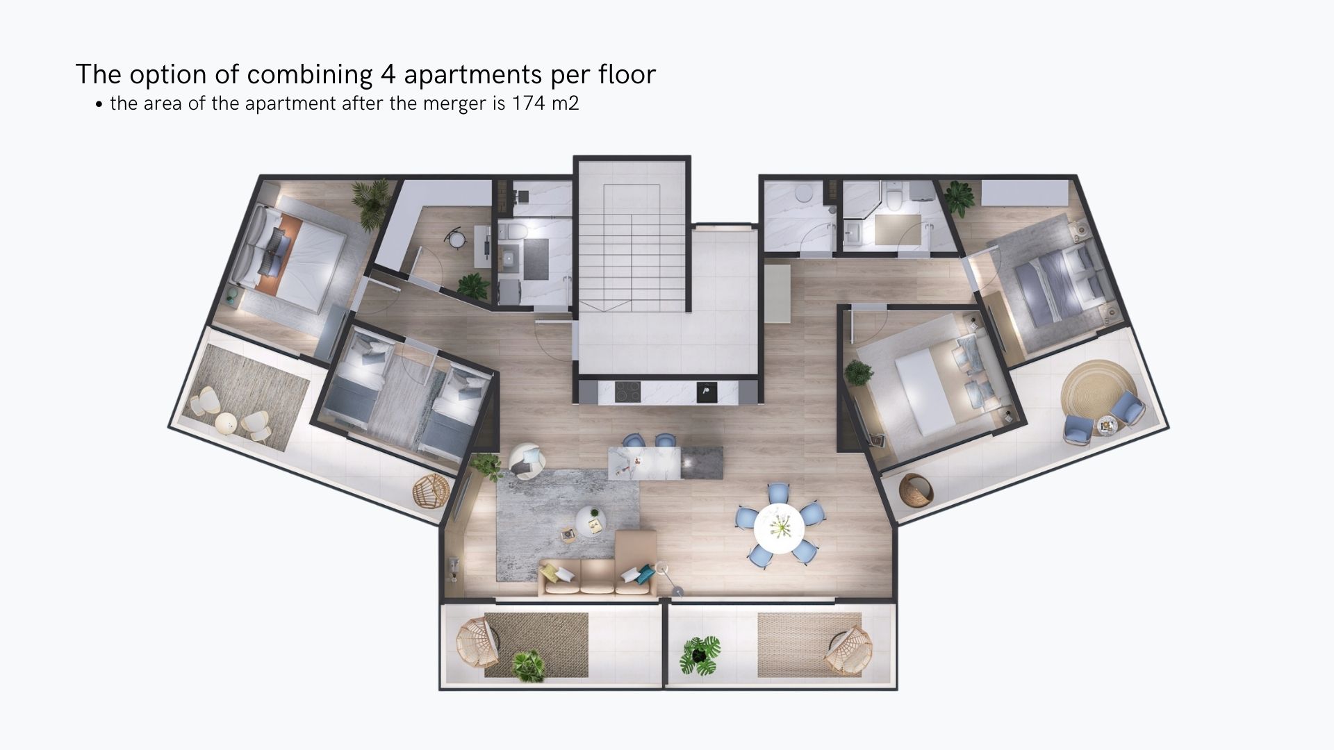 Layout of combining 4 apartments with a total area of 174 m² in a residential complex in Tivat, Montenegro: top view with furniture.