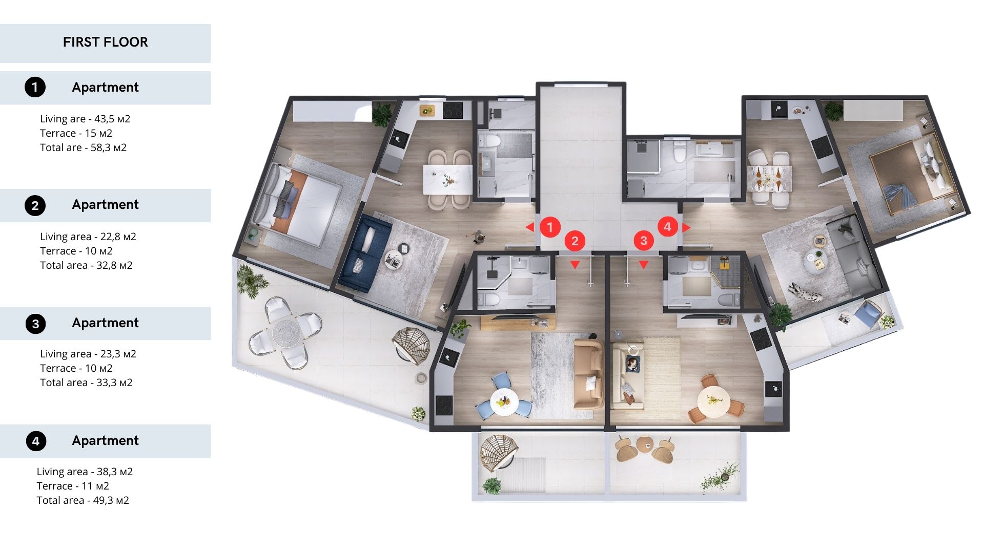 Floor plan of a residential complex in Tivat, Montenegro: a 3D layout of four apartments with furniture and terraces.