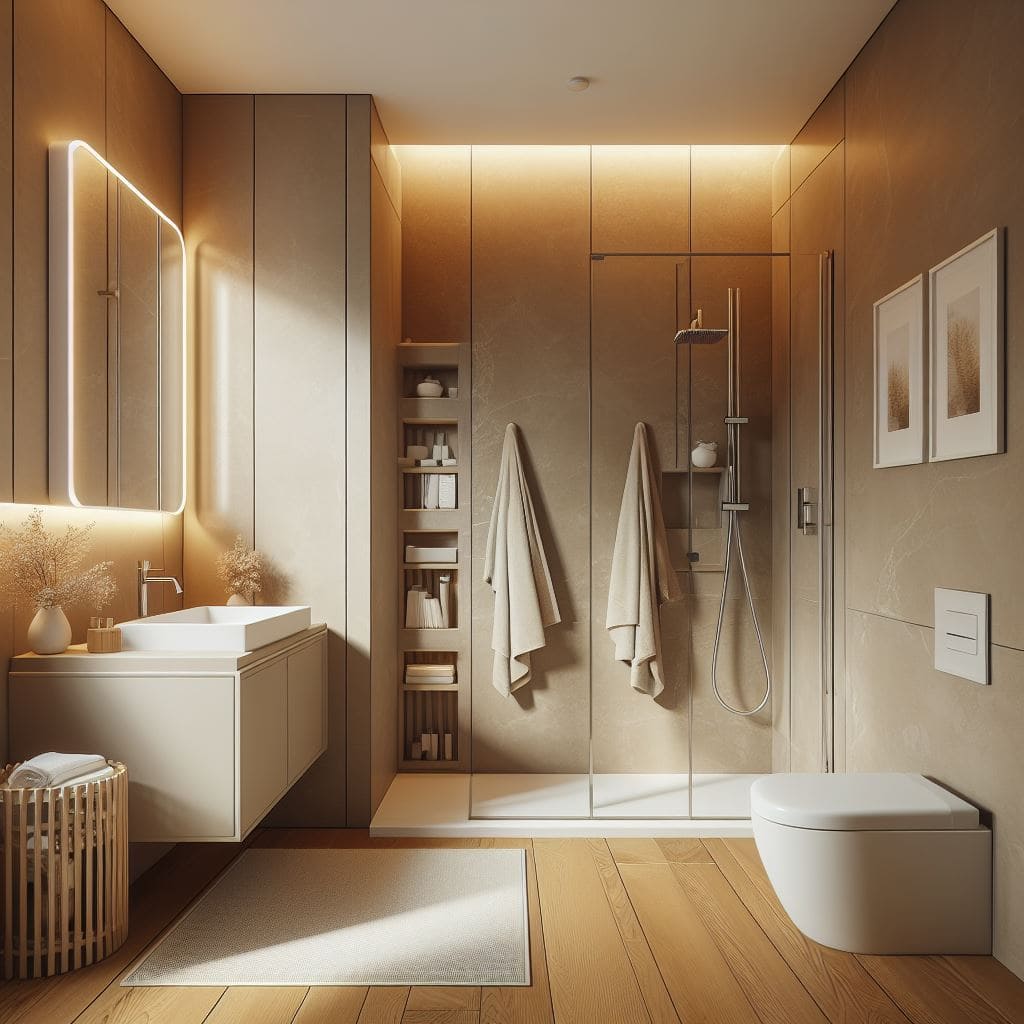 Modern bathroom in the Tivat residential complex, Montenegro: shower cabin, wall-mounted vanity, backlit mirror, and decor.