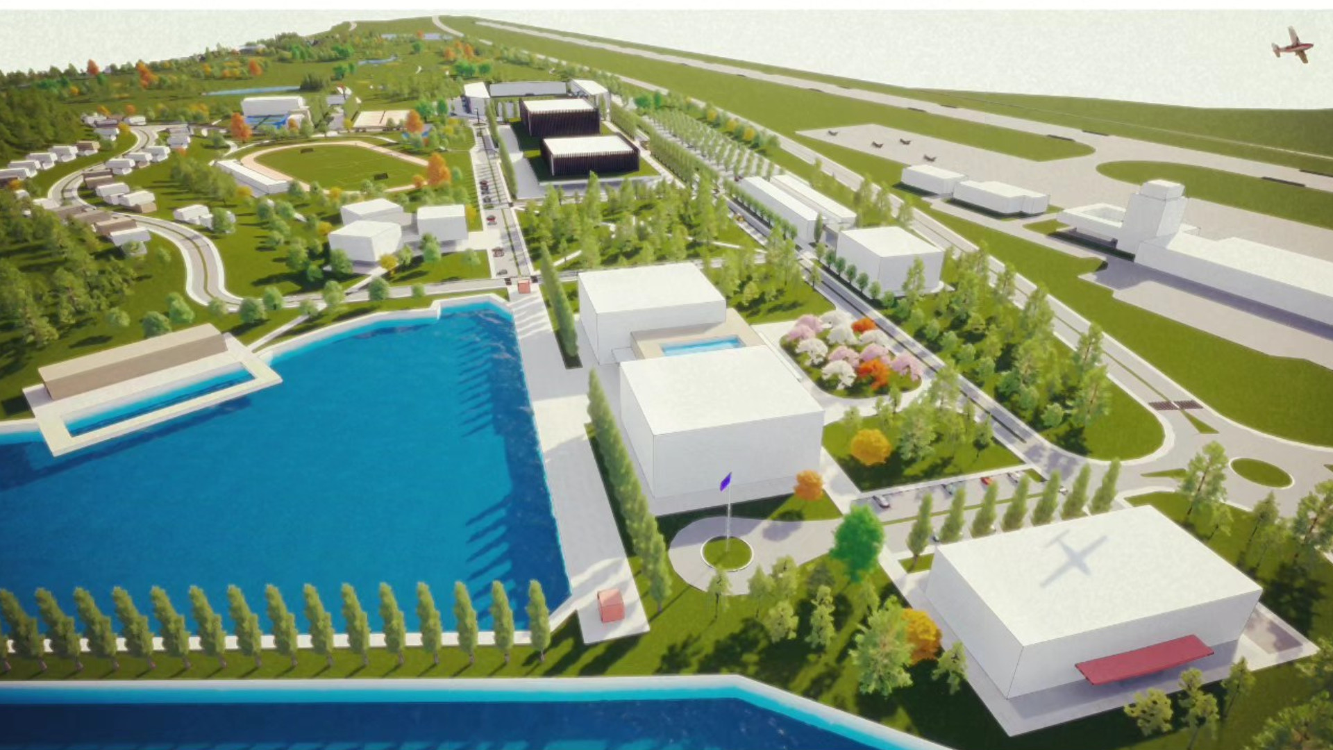 Master plan of a residential complex in Tivat, Montenegro: modern buildings, park area, swimming pool, and lake view.