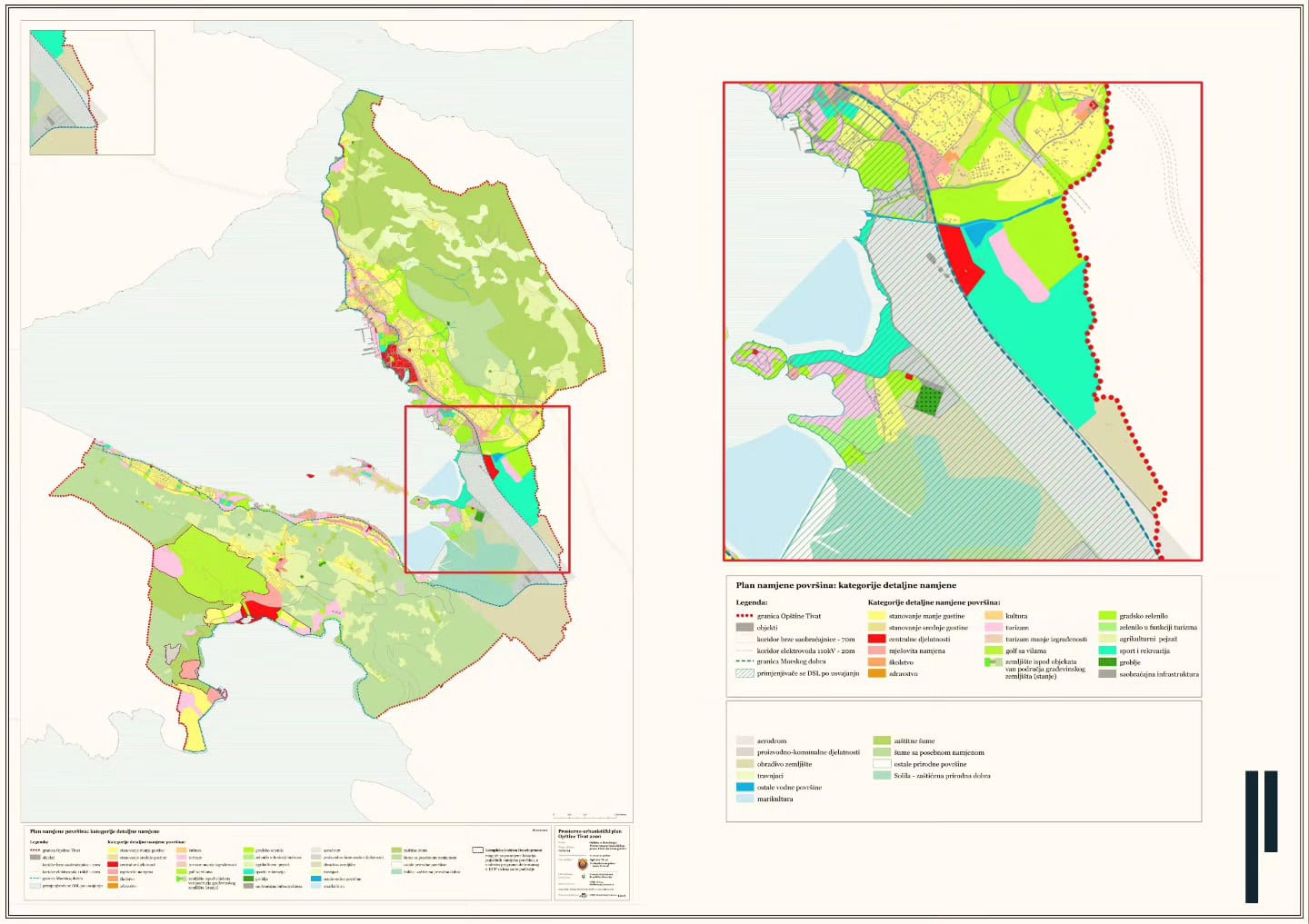 General zoning plan of the territory in Tivat, Montenegro: map of land plot functional designations.