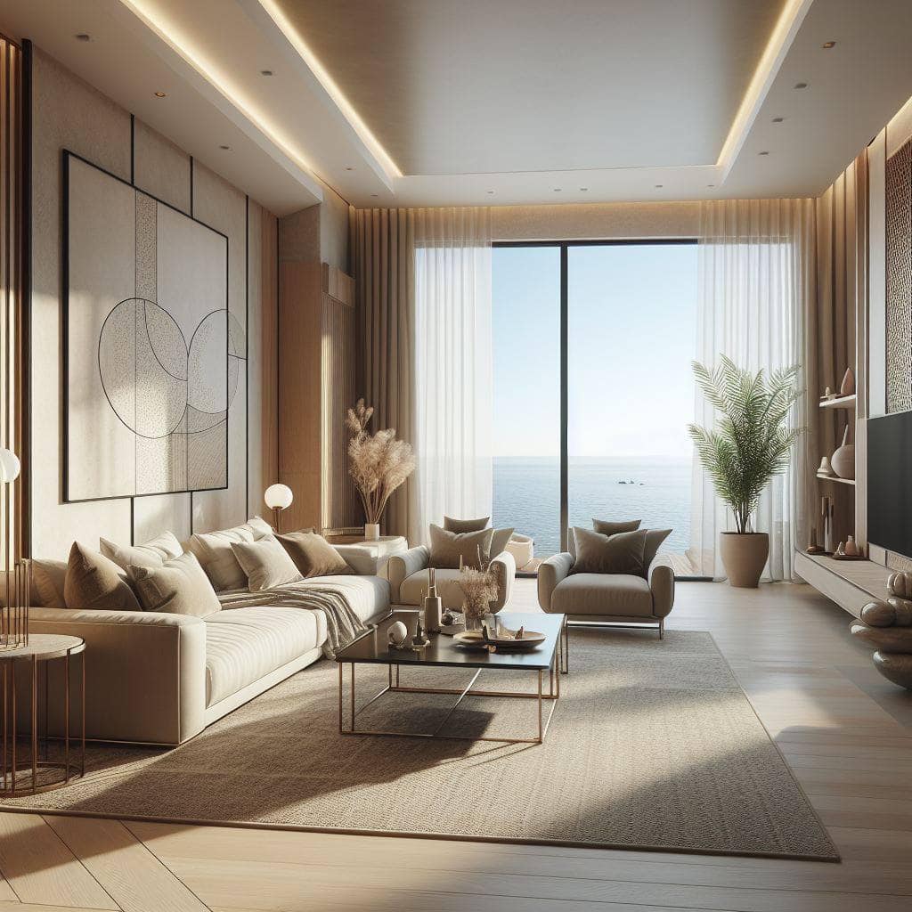Modern living room with panoramic sea views in a luxury residential complex in Tivat, Montenegro, with designer furniture.