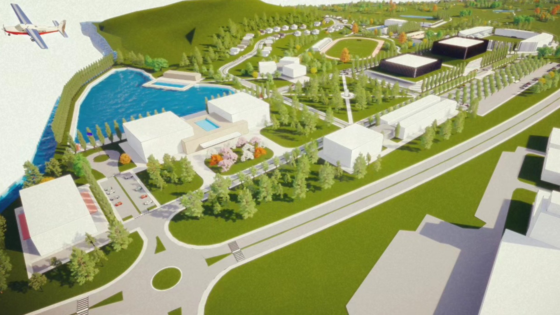 3D visualization of a residential complex in Tivat, Montenegro: a park, lake, sports courts, and modern infrastructure.