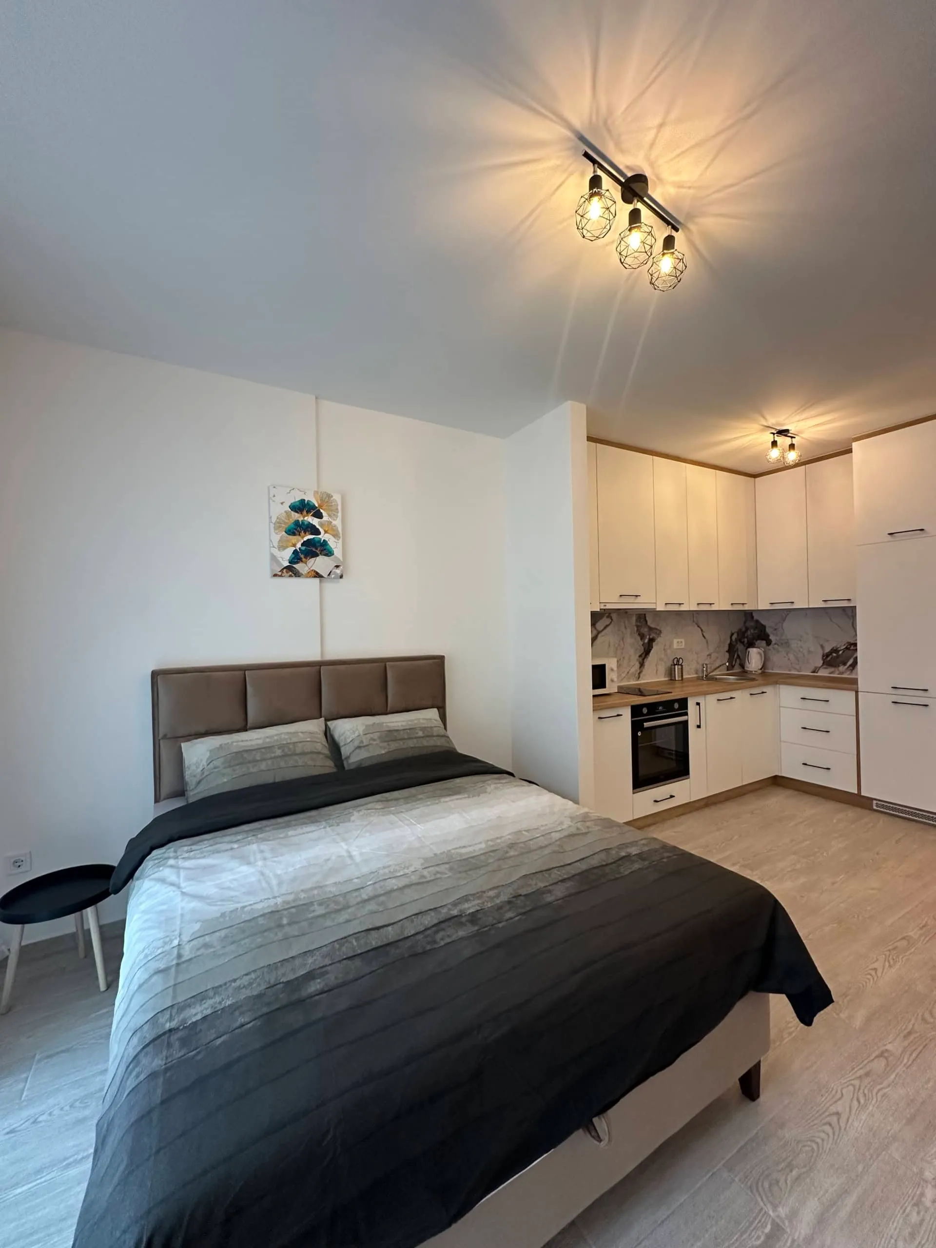 Studio room featuring a bed and kitchen area in one space, white cabinetry and grey bedding visible.