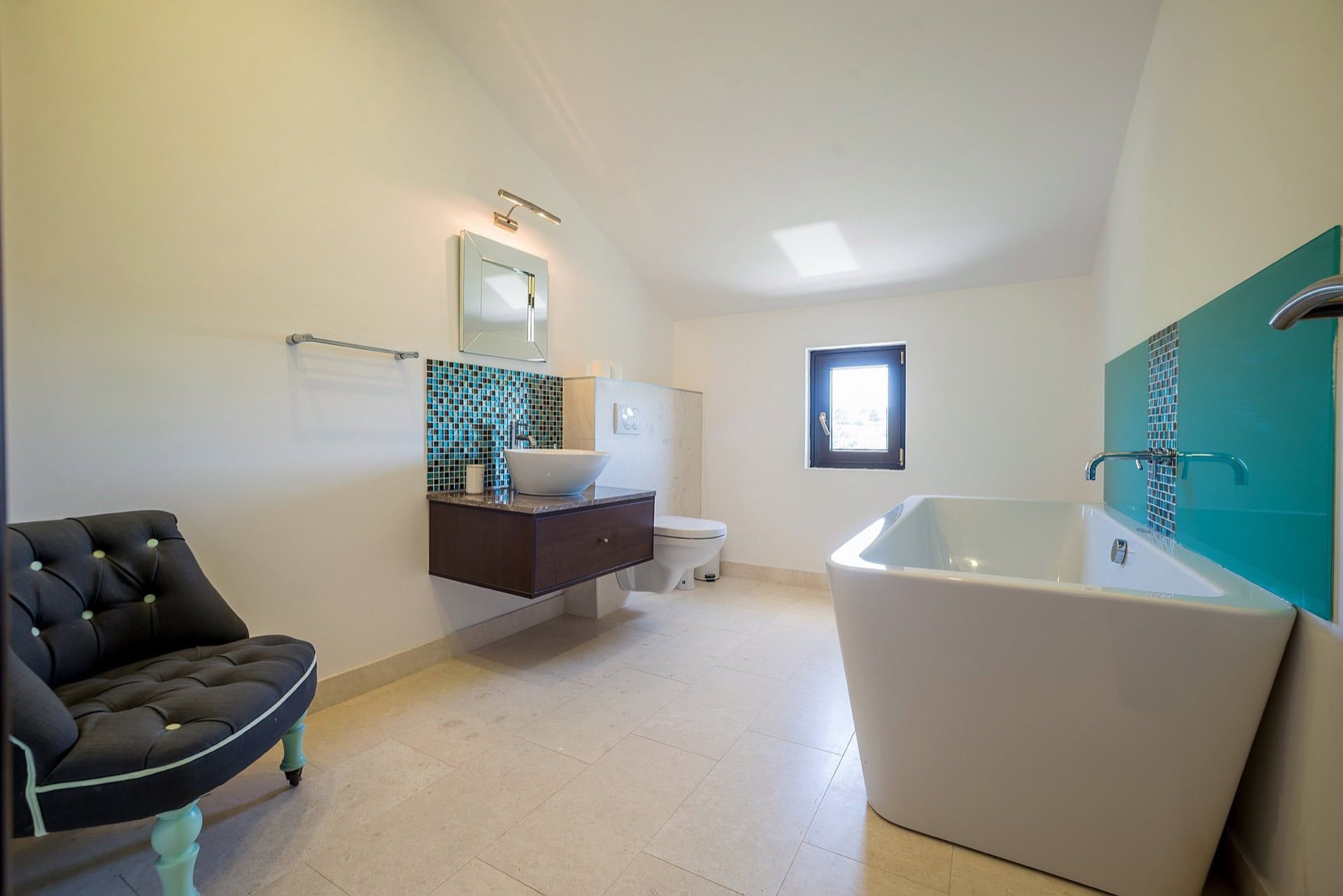 Modern bathroom with a freestanding bathtub in a villa in Zanjice, Herceg Novi, Montenegro.