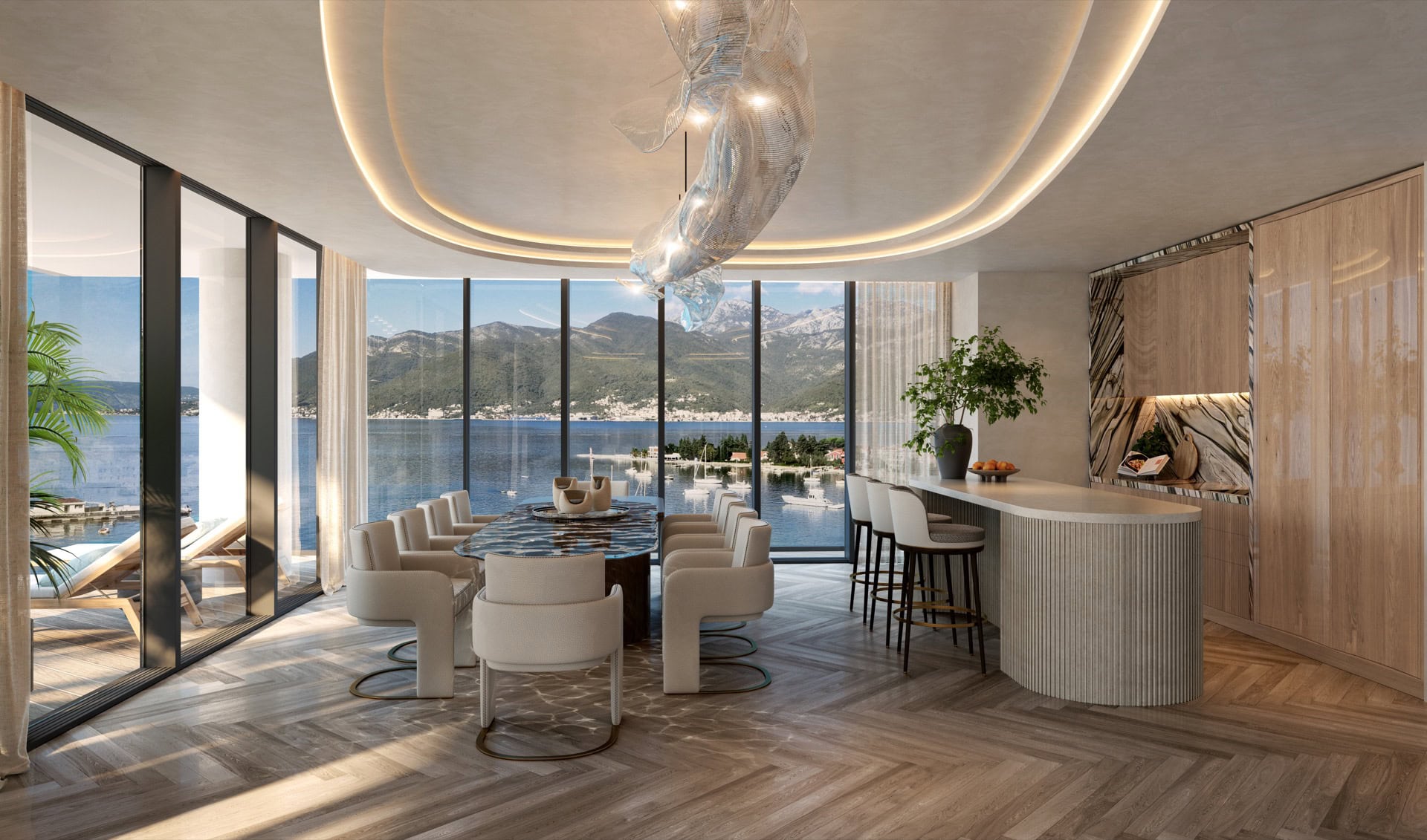 Designer living room with panoramic sea and mountain views in a premium residence, Tivat, Montenegro.