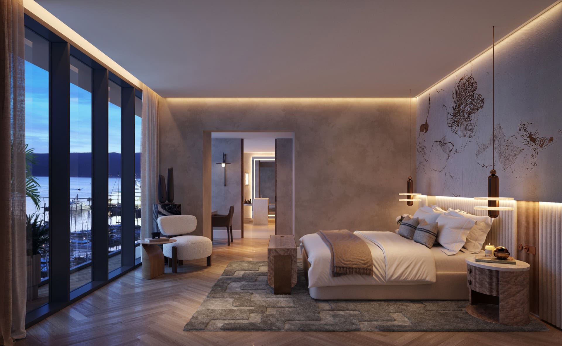 Bedroom design project in a premium residence, Tivat, Montenegro: panoramic windows overlooking the marina and a stylish interior.