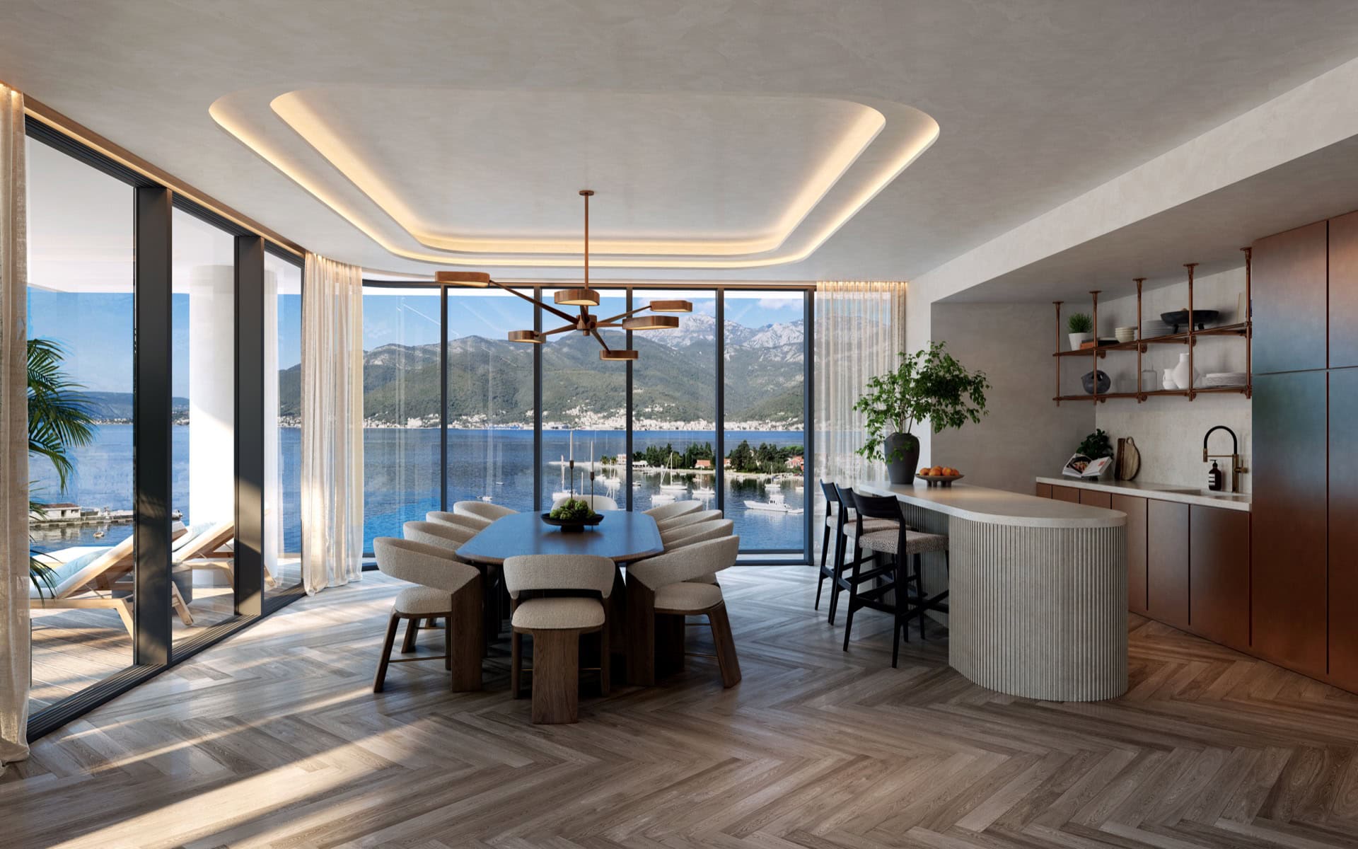 Modern living room with sea and mountain views in a premium residence, Tivat, Montenegro: stylish furniture and panoramic windows.