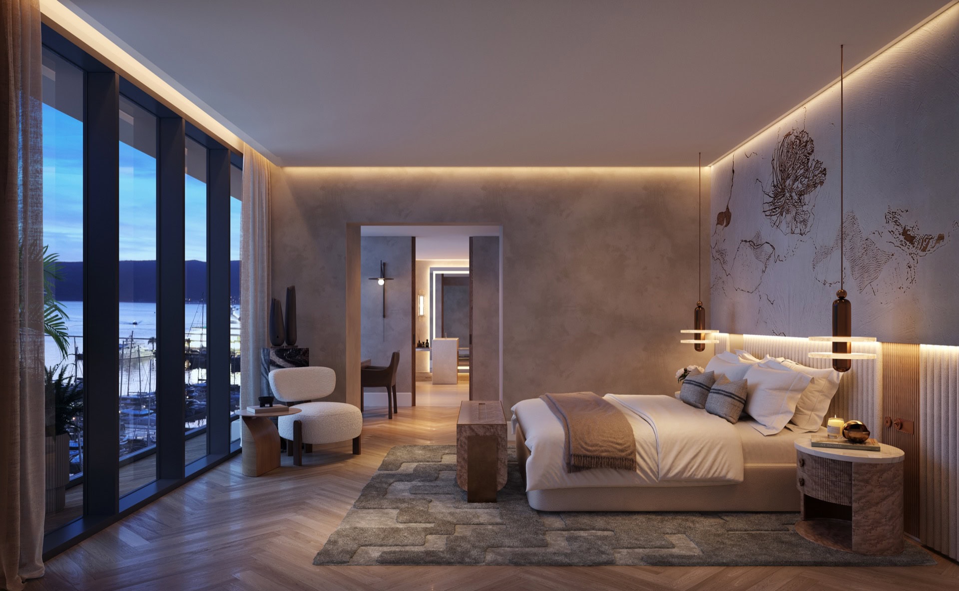 Bedroom design project in a premium residence, Tivat, Montenegro: panoramic view of the marina, modern furniture and decor.