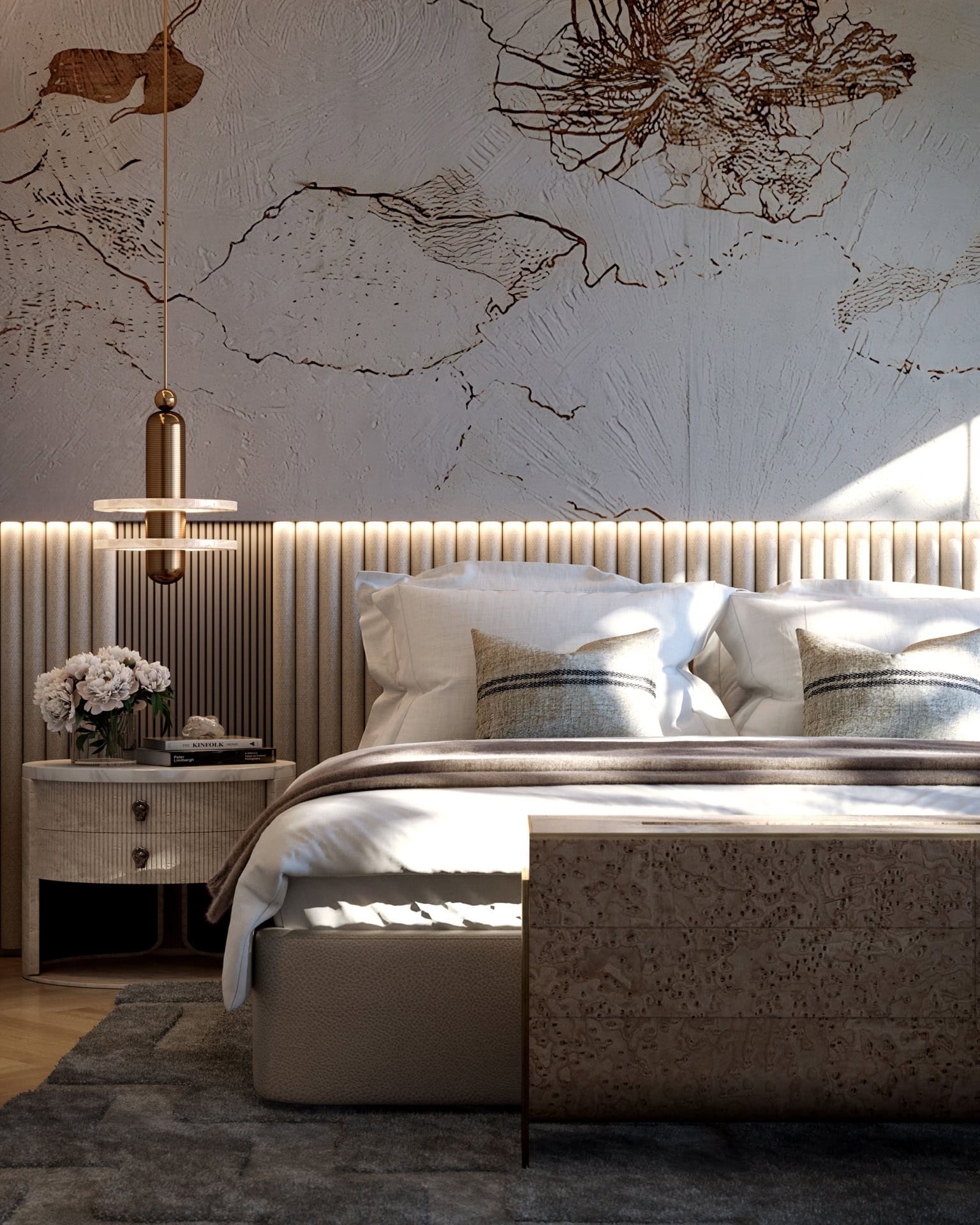 Bedroom design in a premium residence, Tivat, Montenegro: upholstered headboard, designer light fixture, and wall decor.