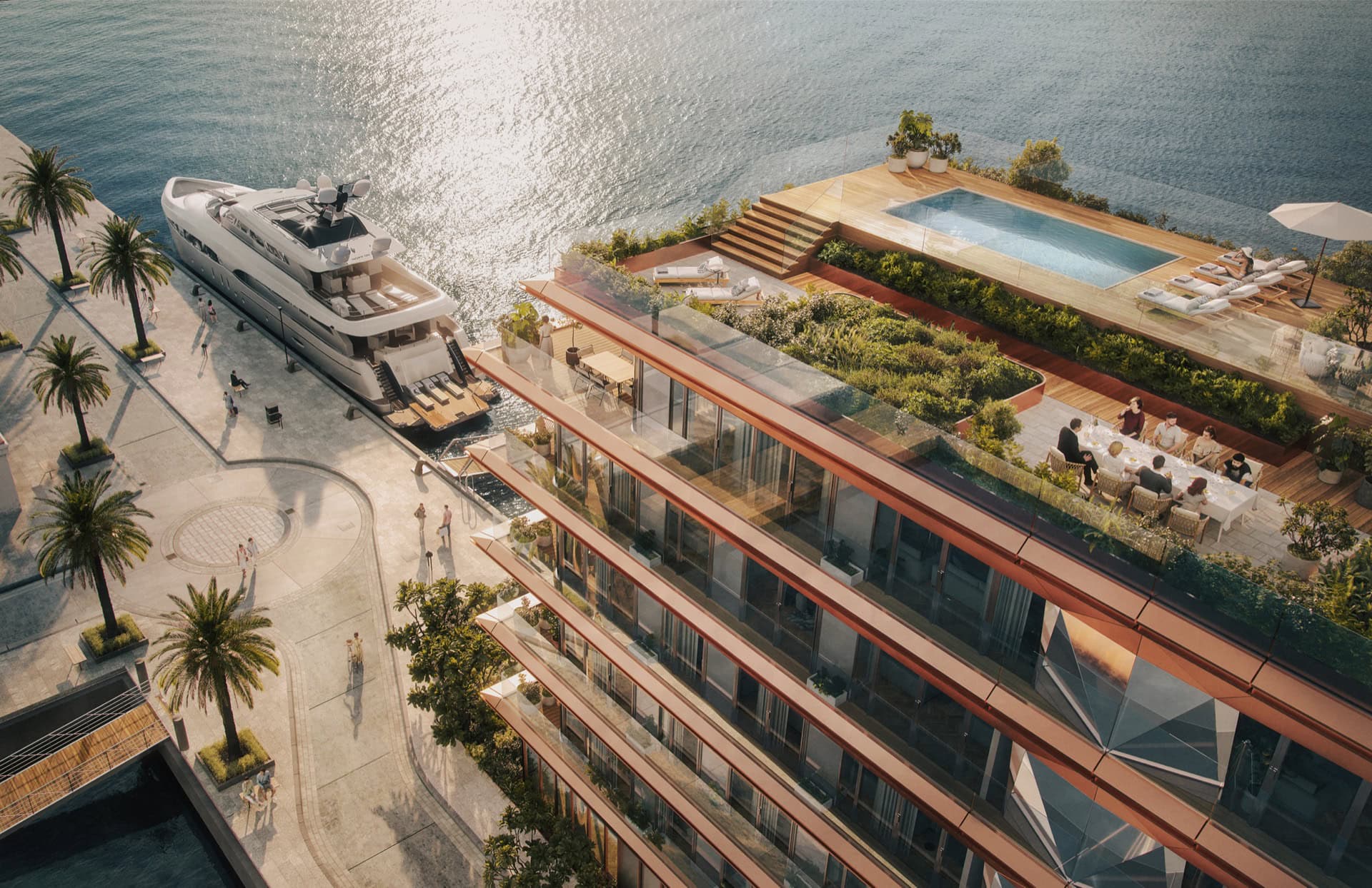 Luxury residential complex in Tivat, Montenegro: bird’s-eye view of the terrace with a pool, yacht marina, and the sea