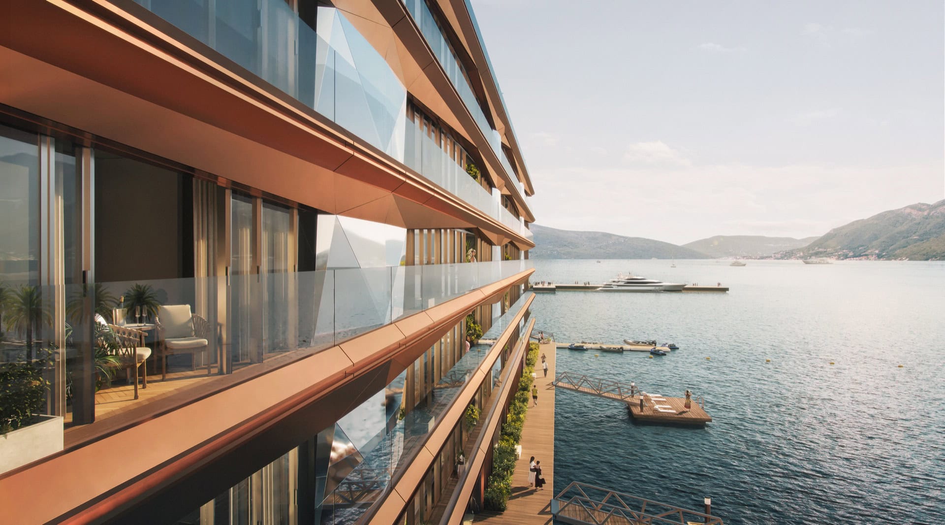 Modern apartments with a terrace and sea view in a premium complex, Tivat, Montenegro: balcony with furniture by the marina.
