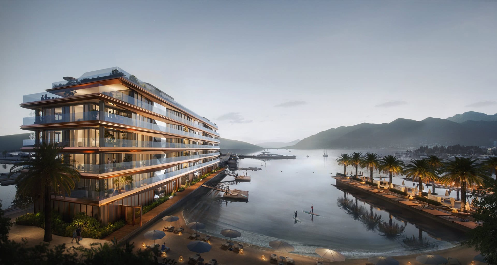 Luxury residential complex by the sea in Tivat, Montenegro: modern architecture, panoramic terraces, and a private beach.