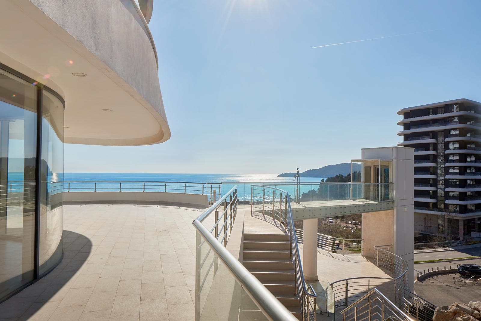 Spacious terrace with panoramic sea views in a luxury residential complex, Becici, Montenegro.