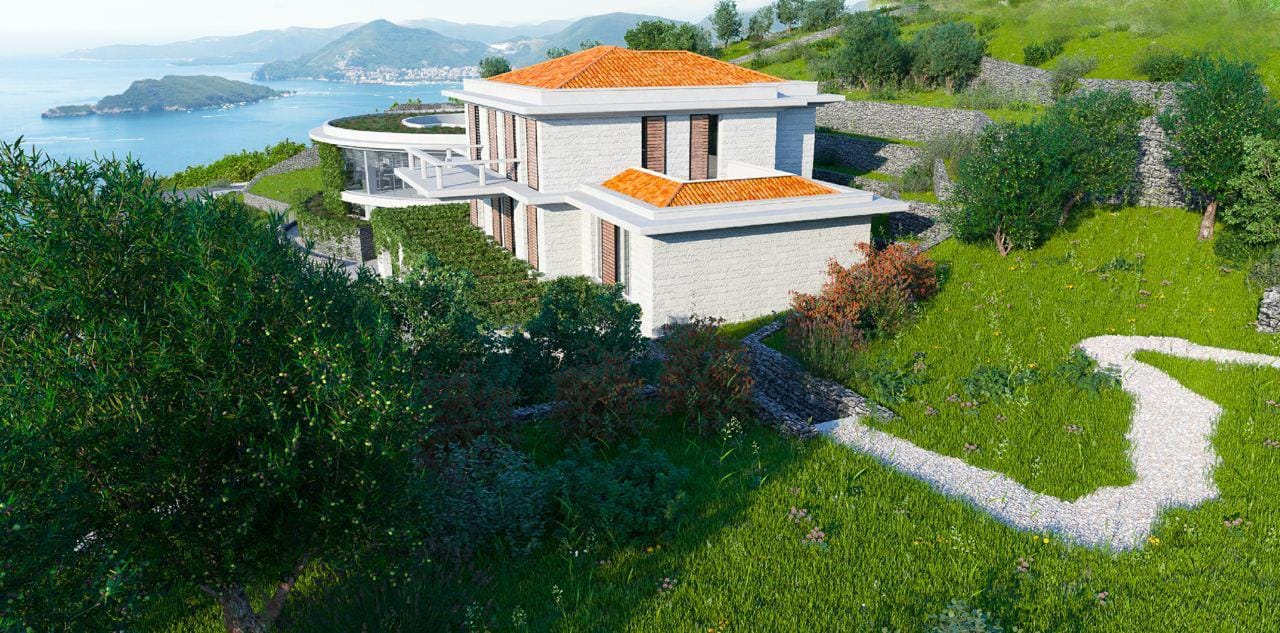 Modern villa with a tiled roof and panoramic sea view in Blizikuće, Montenegro, on a green plot.
