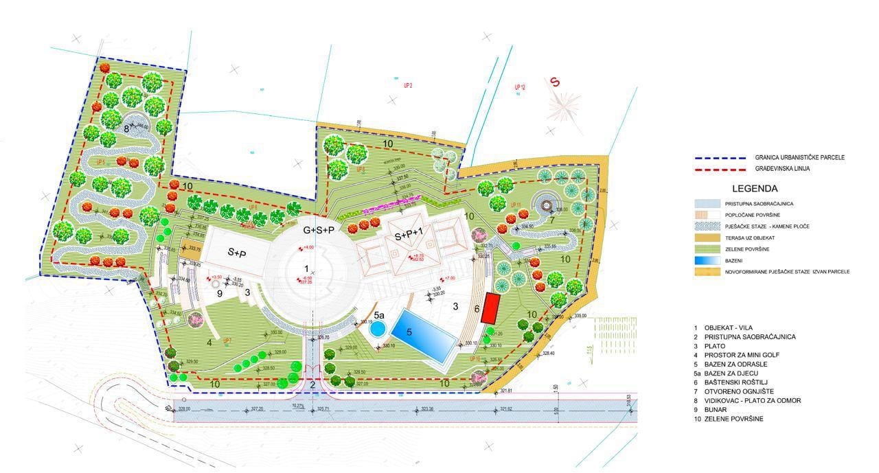 Master plan for the development of the plot in Blizikuće, Montenegro: villa, pools, relaxation areas, and landscape design.