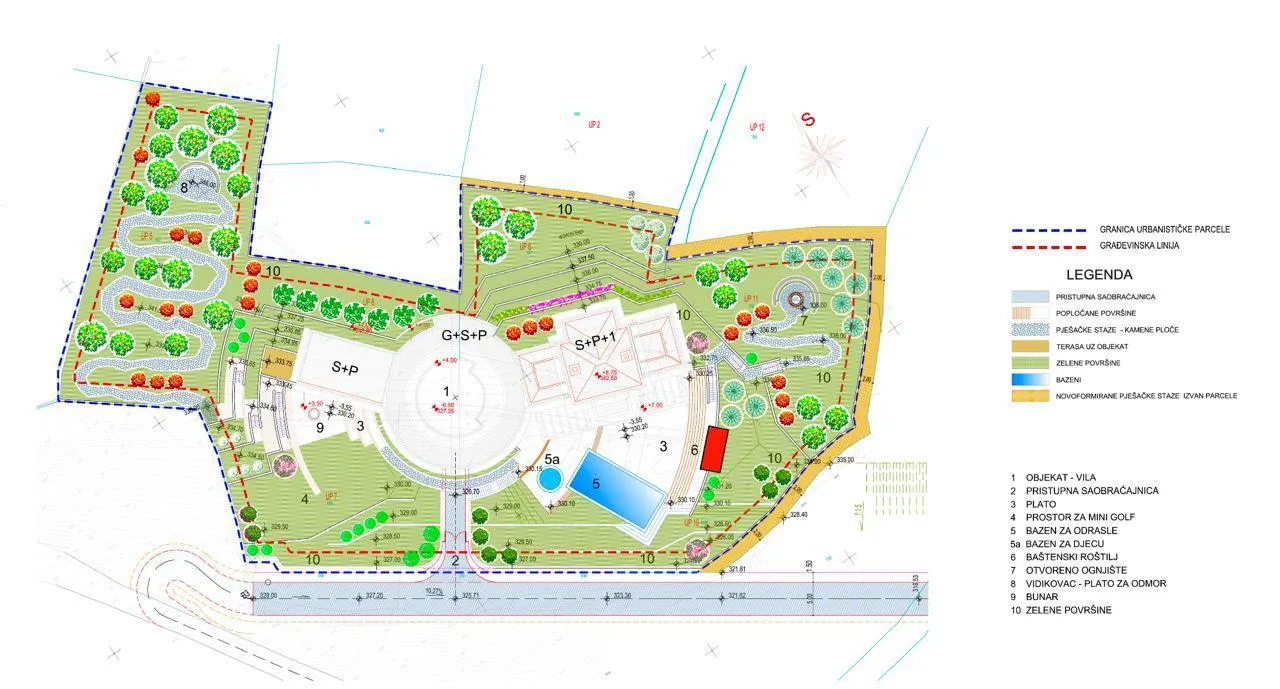 Architectural site plan showing a villa, pool, pathways, and landscaped green areas.