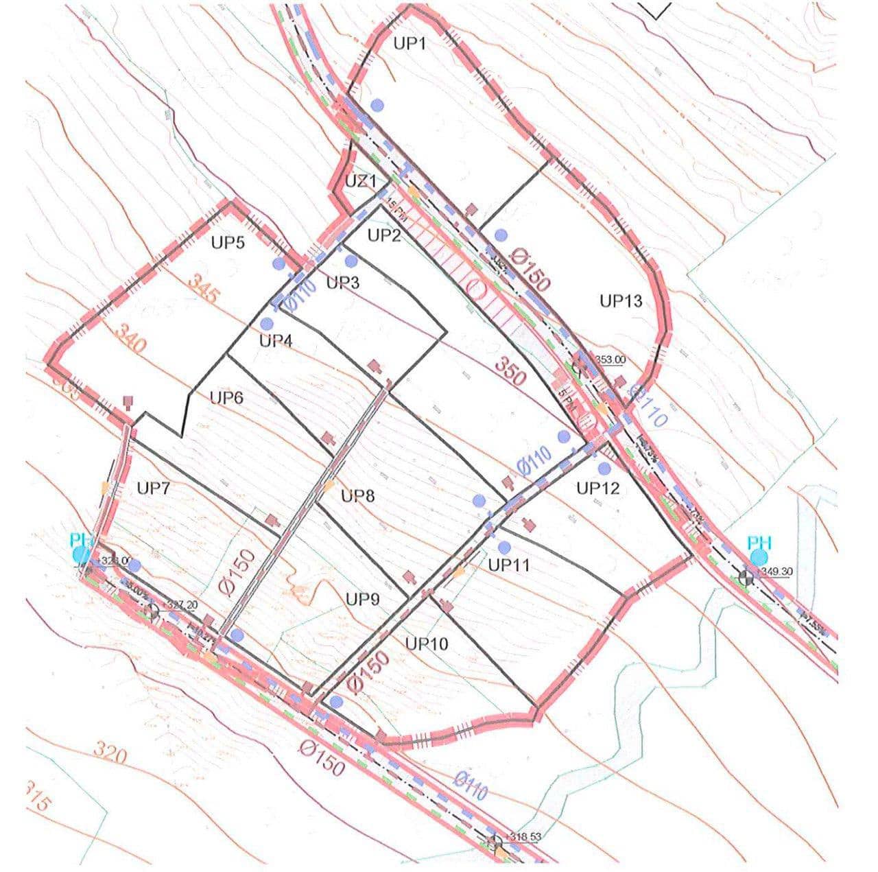Master plan of the development site in Blizikuće, Montenegro: land survey plan with utilities.