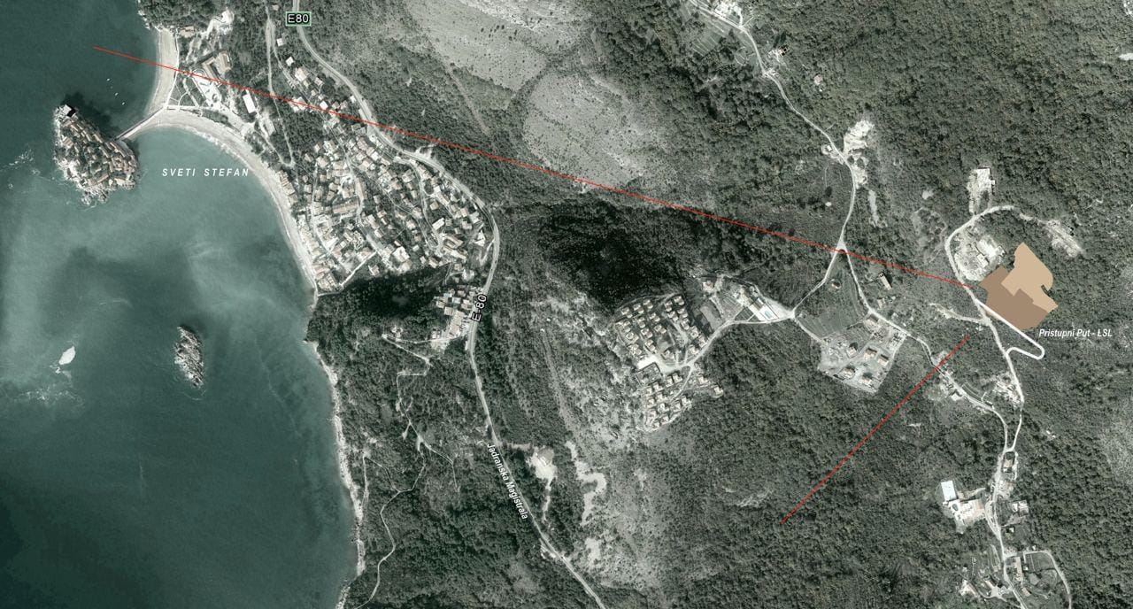 Satellite map of the plot in Blizikuće, Montenegro, showing the property’s location relative to the Sveti Stefan resort.