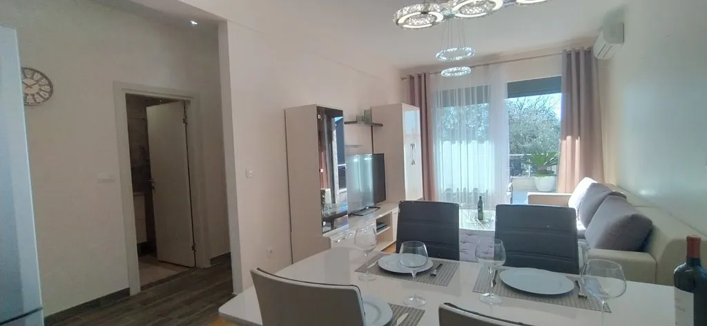 Living room with dining table, sofa, TV, and cabinet near the window.