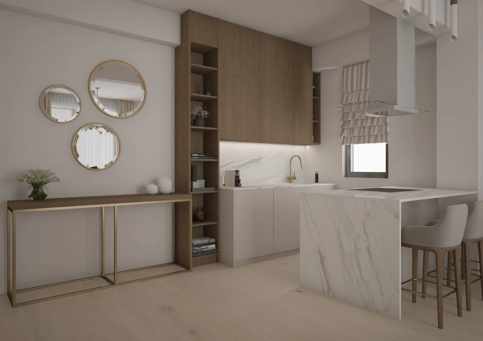 Modern kitchen featuring a marble island, wooden cabinetry, bar stools, gold faucet, and decorative round mirrors on the wall.